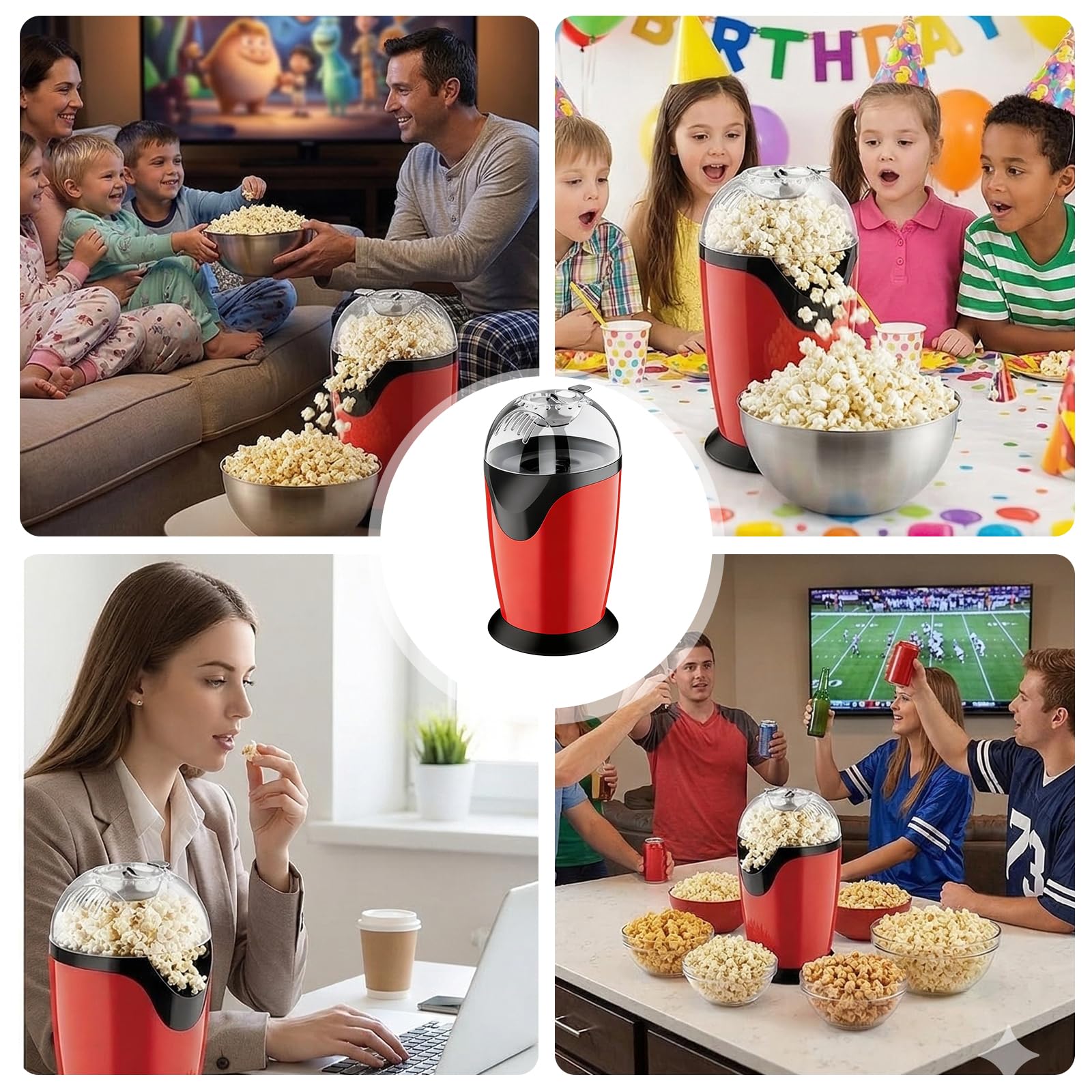 Macchina per popcorn, 1200 W, 2,5 l, per popcorn ad aria calda, senza olio, 3 minuti, popcorn elettrici, per serate di calcio, serate cinema, feste di famiglia e feste