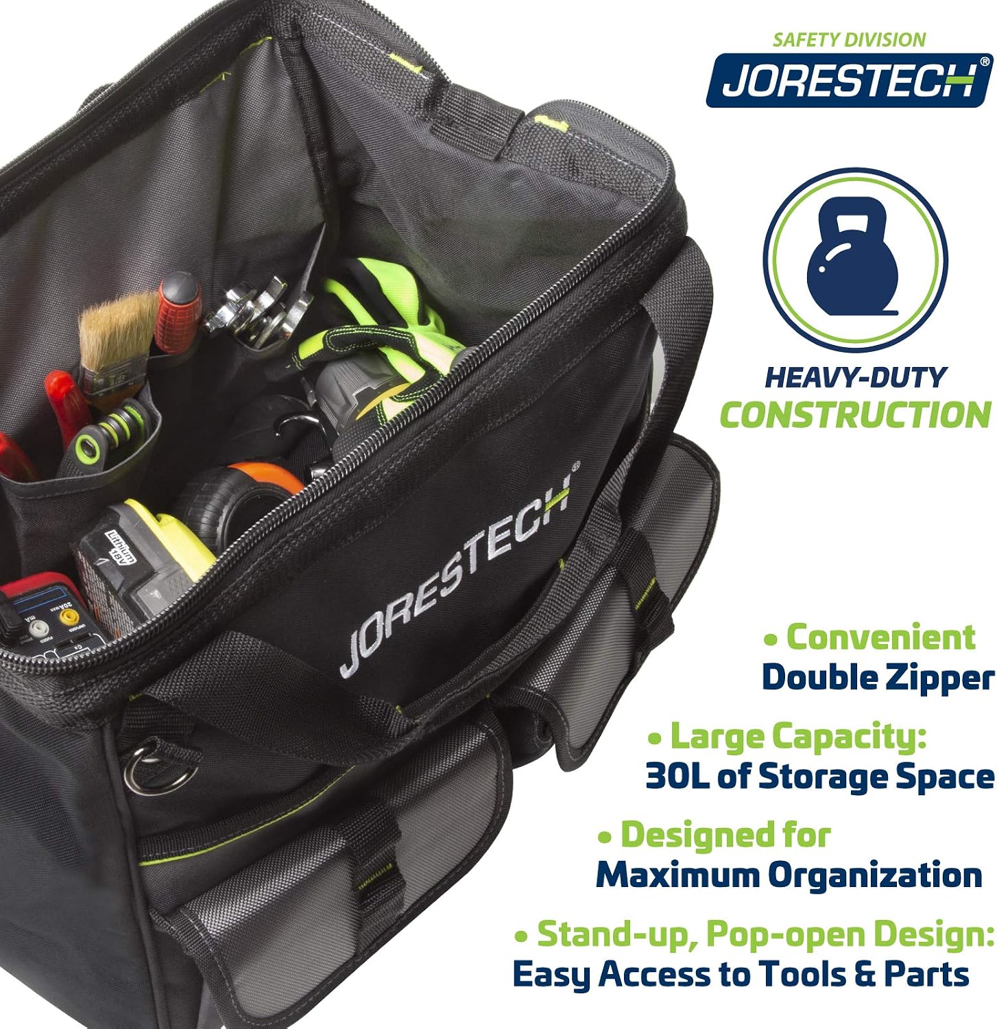 JORESTECH Multipurpose Tool Bag 30L – Multi-Compartment Accessory and Tool Organizer Tote with Wide Mouth and Shoulder Strap (Model BAGT-03)
