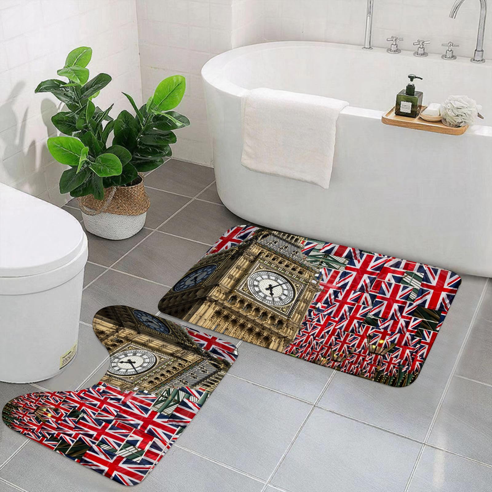 AELKSP 2 Piece Non Slip Bathroom Rugs Set,Luxury Thick Microfiber Shaggy Bath Mat Sets,Union jack flags and Big Ben,Machine Washable Bathroom Mats Carpet