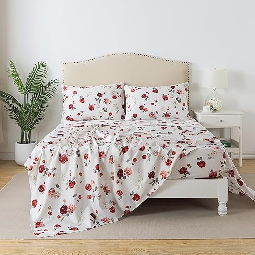 Miniatura 3 de FADFAY Juego de sábanas de rosas tamaño Queen, ropa de cama vintage con rosas blancas y flores, ropa de cama elegante con rosas rojas, ropa de cama