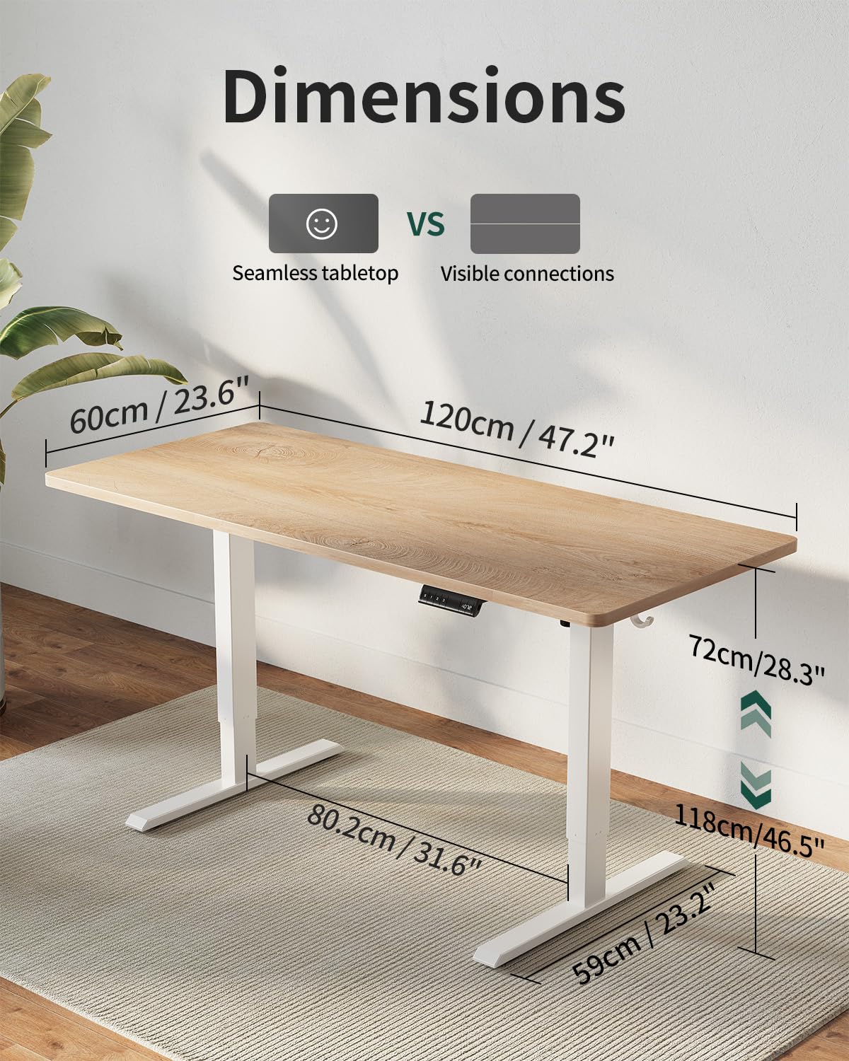 FEZIBO Höhenverstellbarer Schreibtisch EINTEILIGER Tischplatte, 120 x 60 cm Schreibtisch Höhenverstellbar mit USB-A und USB-C-Ladeanschlüssen, Steh-Sitz Tisch für Heimbüro, Standing Desk, Eiche