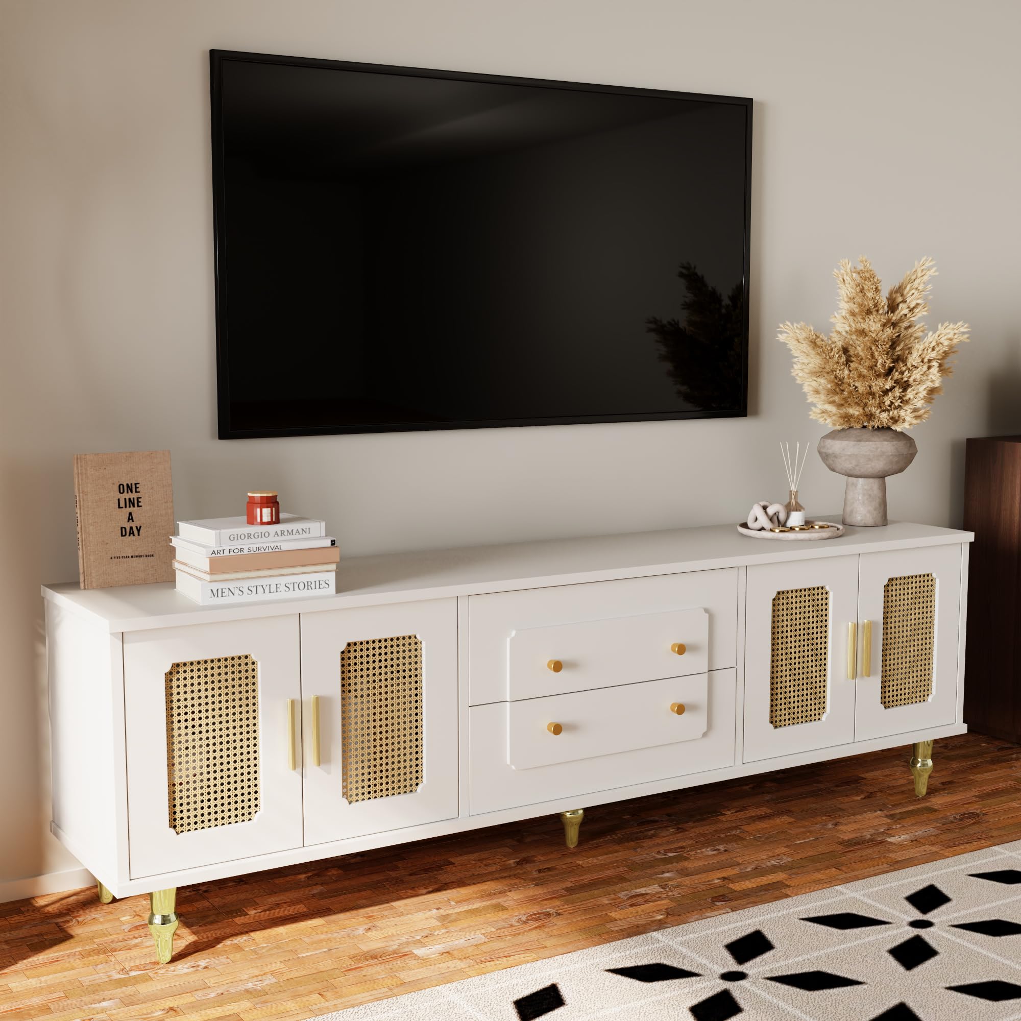 Modulo TV, Mueble de Salon TV, Armario Bajo con Puerta de Ratán, Moderno Estilo Rústico Mueble para Salon con Patas de Metal y 2 Cajones, para Televisión de 70-79 In, 175x38x55.5 cm (Blanco)