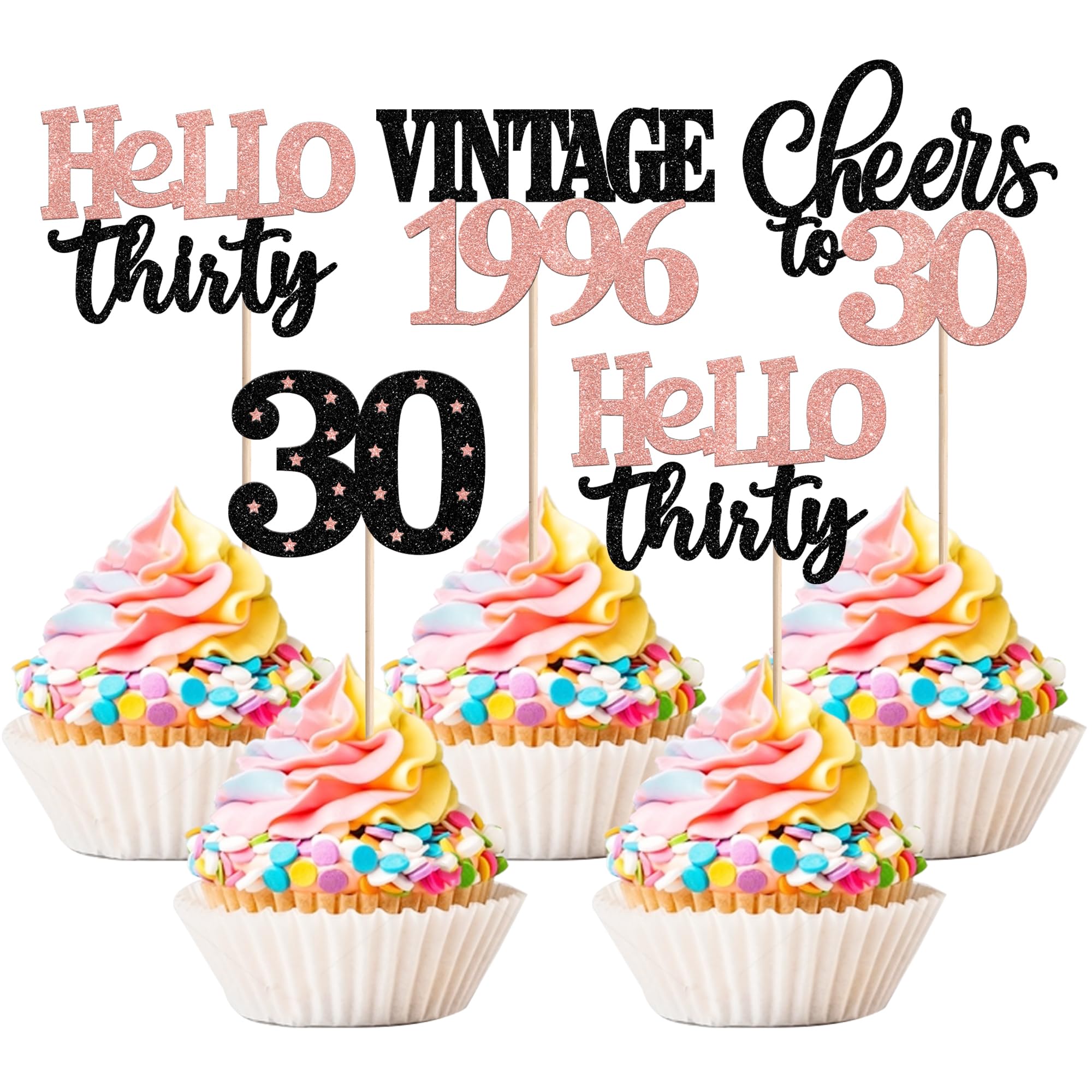 24 PCS Happy 30th Birthday Cupcake Toppers Star 30 Hello Thirty Vintage 1996 Cupcake Picks Cheers to 30 Years Decorations for him 30th Birthday