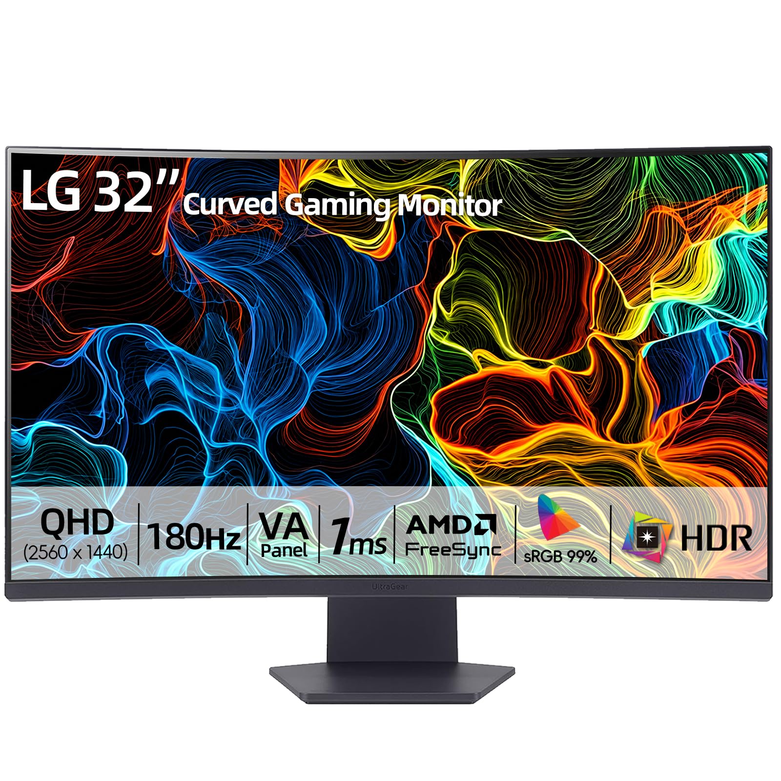 LG 32" Curved Gaming Monitor, QHD 2560x1440, 180Hz Refresh Rate, 1ms GtG, 1000R Panoramic Curvature, AMD FreeSync, HDR10 sRGB 99%, 3-Side Borderless, HDMI, DisplayPort, Tilt Adjustable