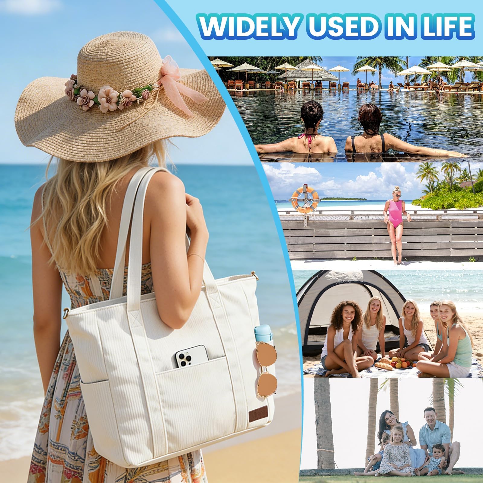 Sac de Plage XXL Famille, Imperméable avec Fermeture Éclair, Sac Multifonction Pliable Multi-Poches pour Été, Piscine et Voyage