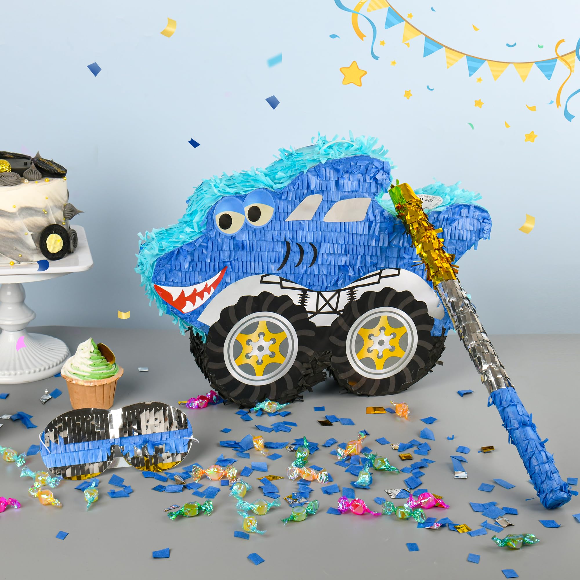 Paquete de piñata de camión monstruo de tiburón pequeño con venda, murciélago y confeti (16.5 x 12 x 3 pulgadas), perfecto para fiestas de cumpleaños, decoraciones de fiesta temática de monstruos
