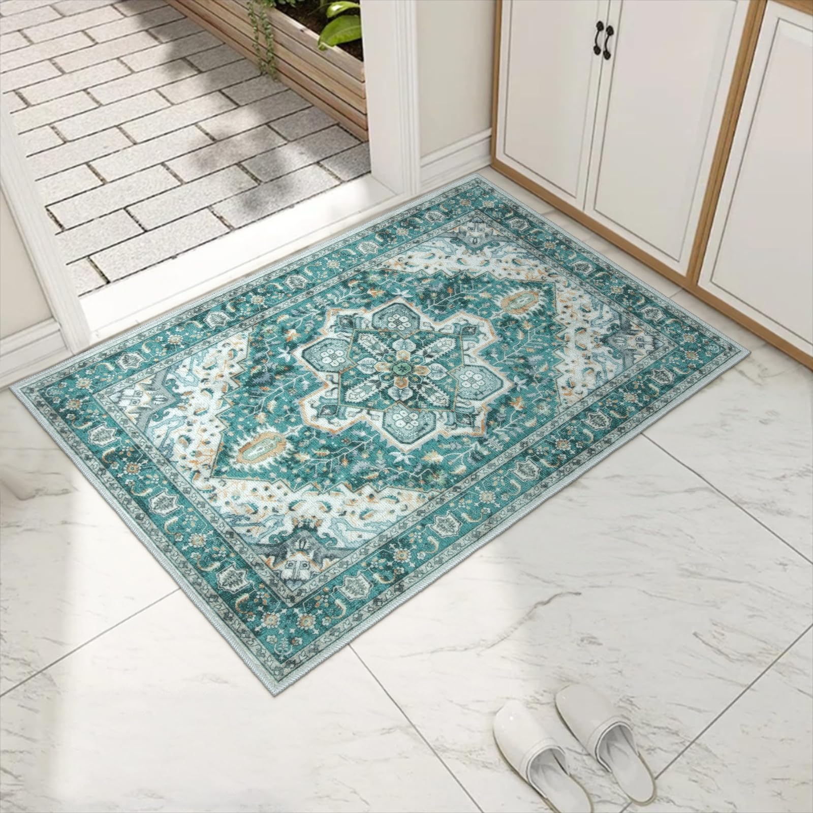Collive Indoor Door Mat Retro Floor Mat, Non Slip Washable Doormat Large Quickly Absorb Green Welcome Mats Low-Pile Front Door Rug Inside Entryway Carpet for Entrance - 32" x 48"