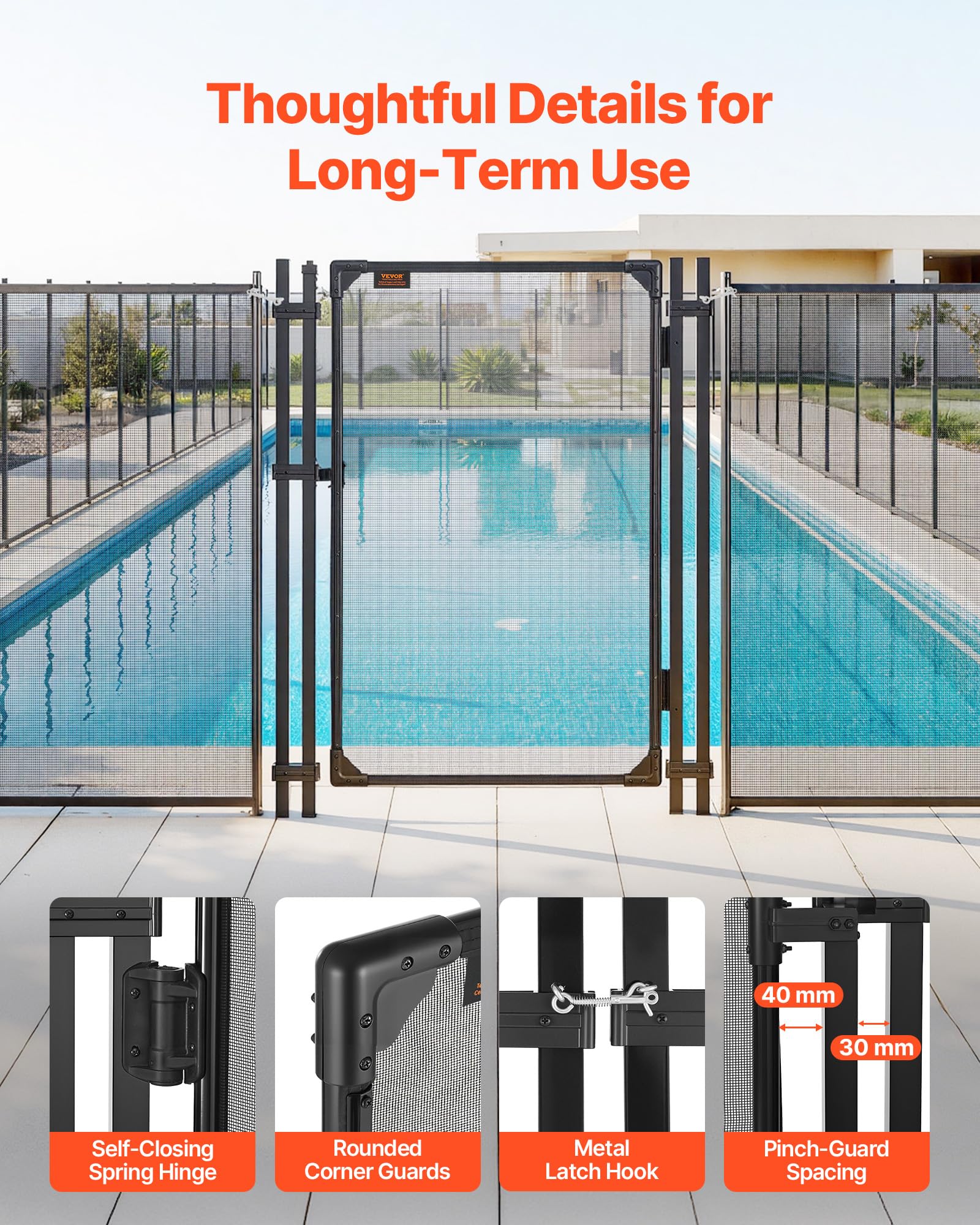 VEVOR Puerta de Seguridad para Piscina 1,2 x 0,75 m, Puerta de Malla Enterrada, Cerradura Automática, con Protectores de Esquinas Redondeados Estacas de Tierra, Multiusos para Jardín Mascota, Negro