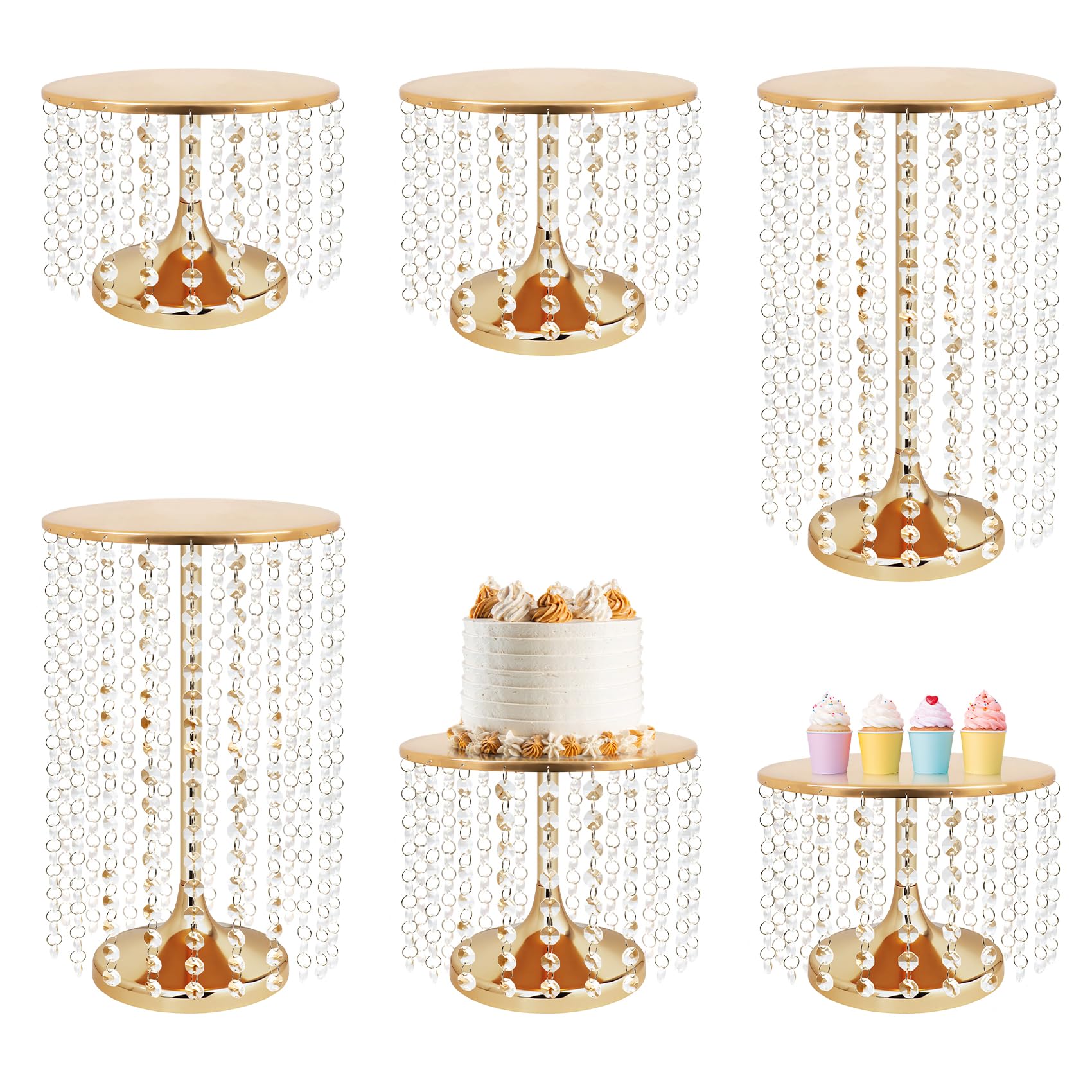 Photo 1 of *Missing pieces* PIQUATOOL Crystal Gold Cake Stands Set of 6 pcs Round Metal Dessert Cake Holders with Elegant Pendant, Cake Stands for Party, Anniversary (Gold)