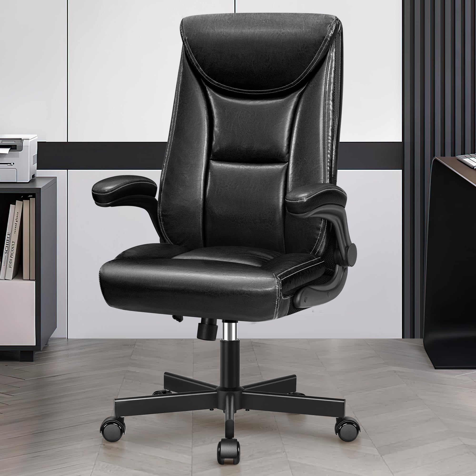 Fotel szefa, ergonomiczne krzesło biurowe z błyszczącej skóry PU, wysokie oparcie, 150 kg, krzesło do biurka z funkcją przechylania, do gabinetu, czarny