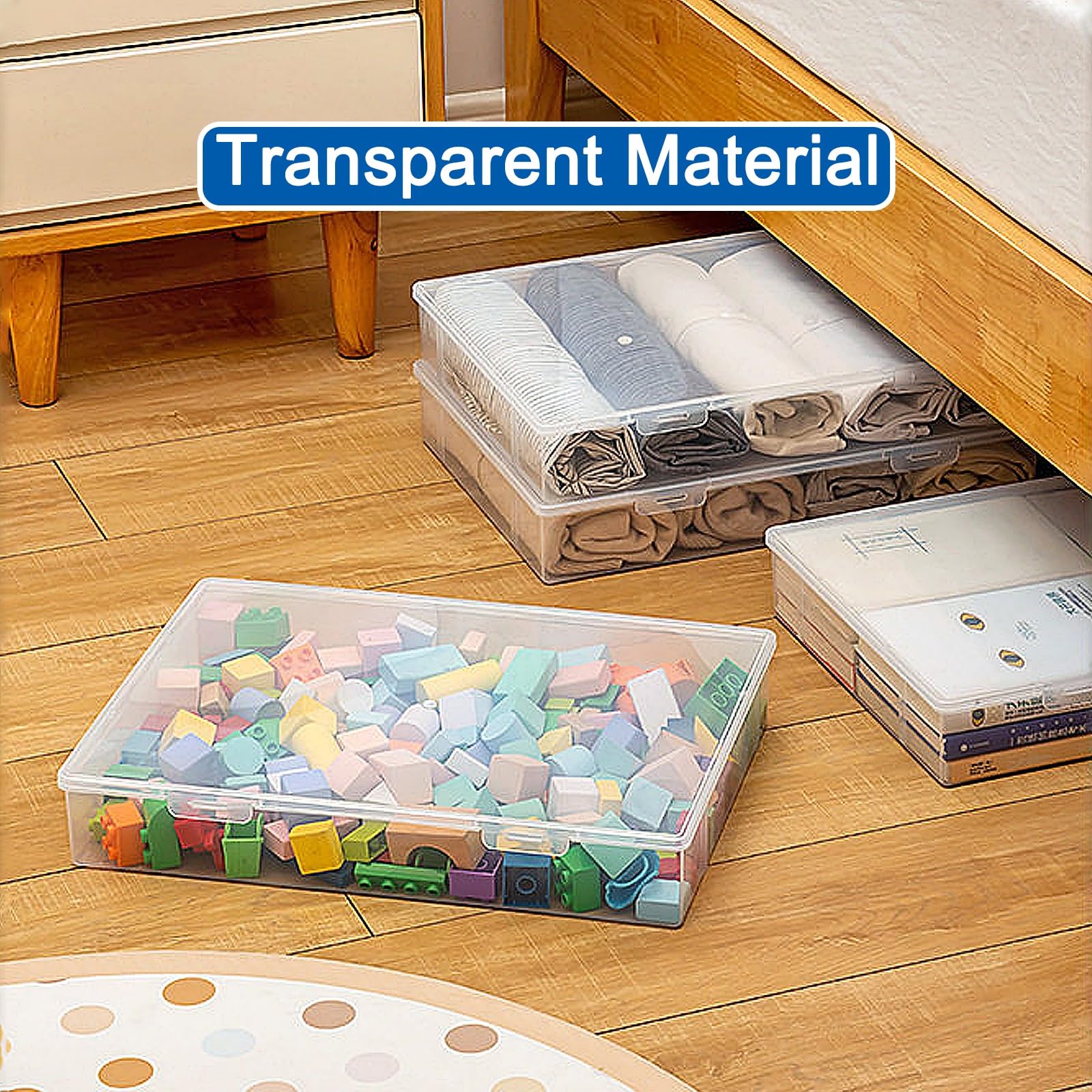 2 Pack Unterbett Aufbewahrung, Unterbettkommoden, Große Öffnung, Waschbar, Transparent, für Kleidung, Decken und Spielzeug(Small)