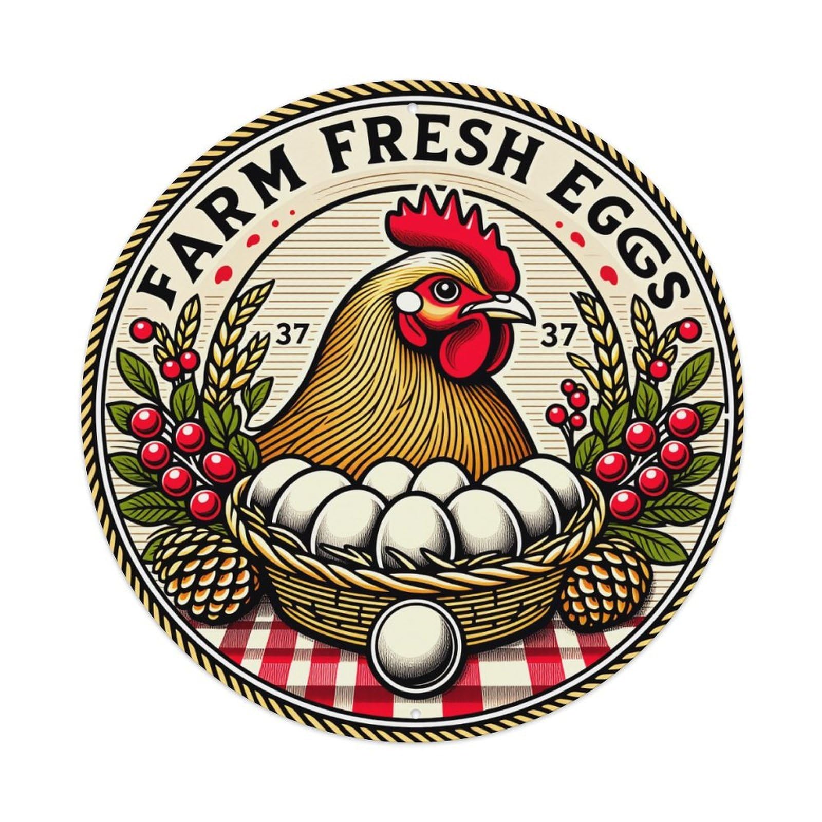 Farm Fresh Eggs Rooster Basket Metal Tin Sign Vintage Garden Bedroom Cafe Bar Man Cave Home Wall Decor Metal Poster 8x8 inches