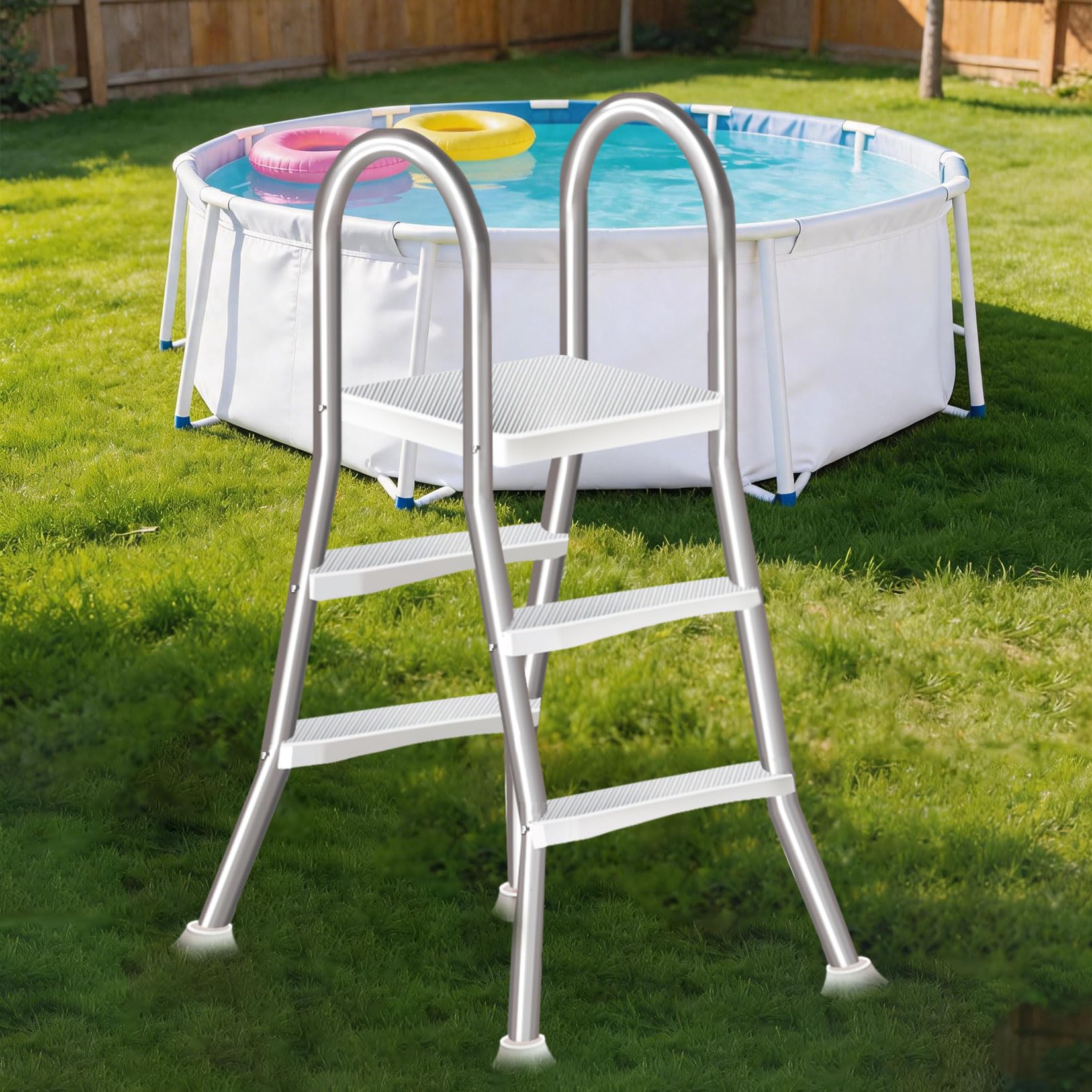 Escalera de Piscina elevada con Estructura de Acero de 4 escalones para Paredes de Piscina de 132 cm Escalera de Entrada y Salida de Doble Cara con peldaños Antideslizantes Plataforma,85CM