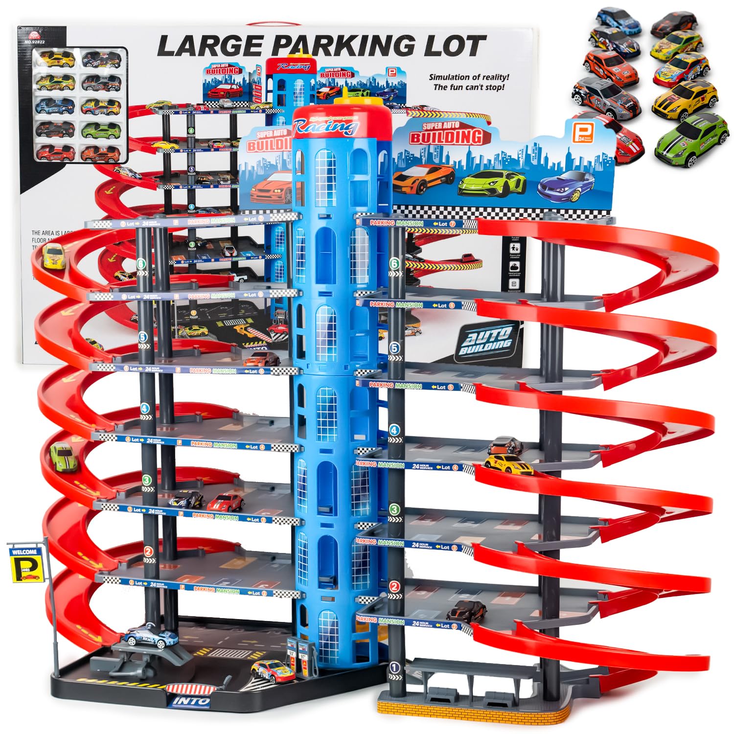 CELMAN Parcheggio a 6 piani con inseguimento, spazio per veicoli in scala 1:64, garage per bambini dai 3 4 5 6 7 8 anni in su, con auto giocattolo in metallo, ascensore