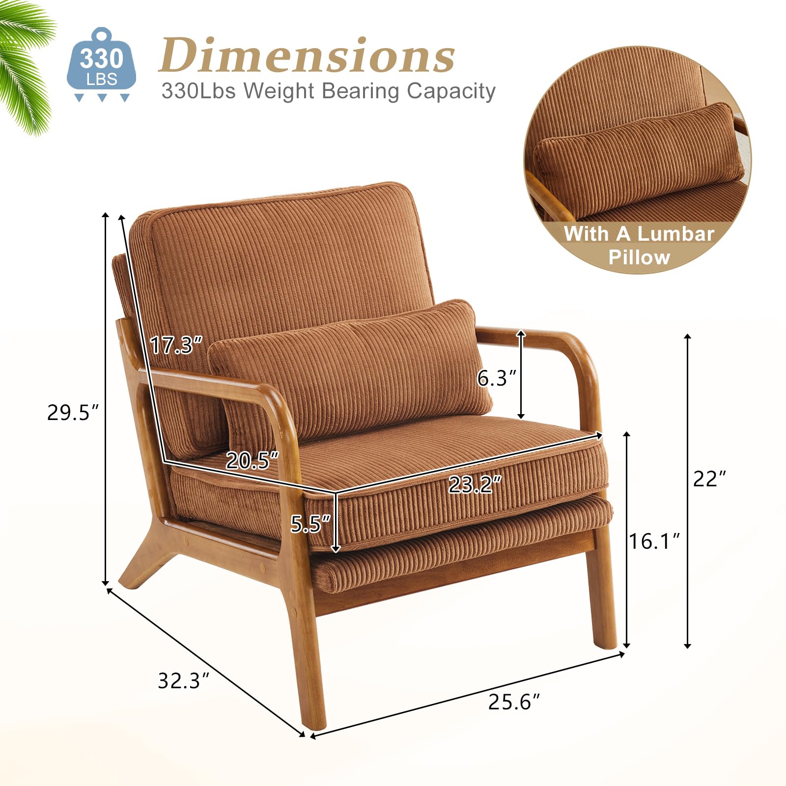 Condition photo showing New/Like New for vingli upgraded premium corduroy accent chair,upholstered arm chair,solid wood comfy reading chair with pillow, mid century modern chairs for living room,bedroom,brown