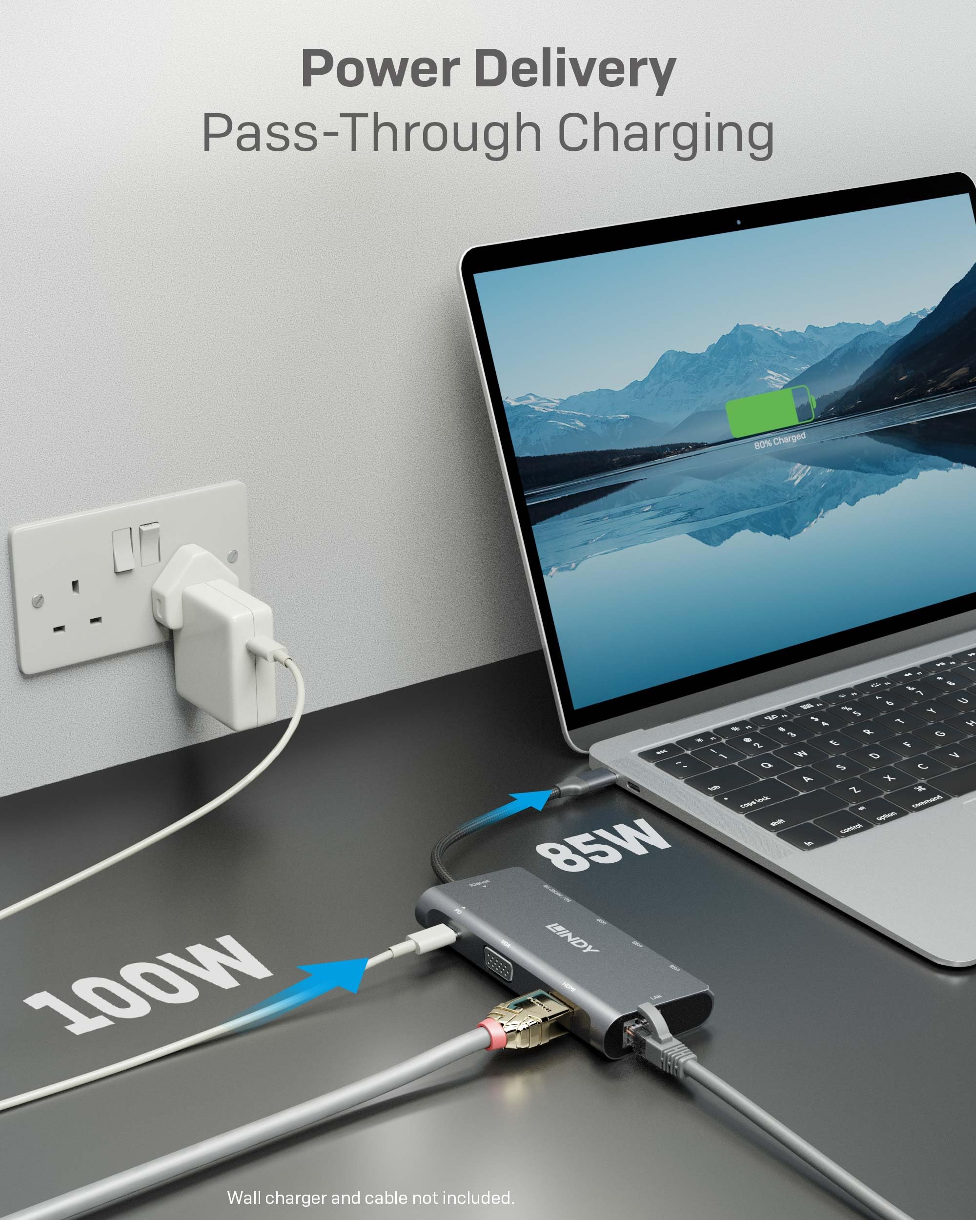LINDY Mini Docking Station per Laptop USB C con Supporto HDMI 4K, VGA & Ricarica Pass-Through 100W