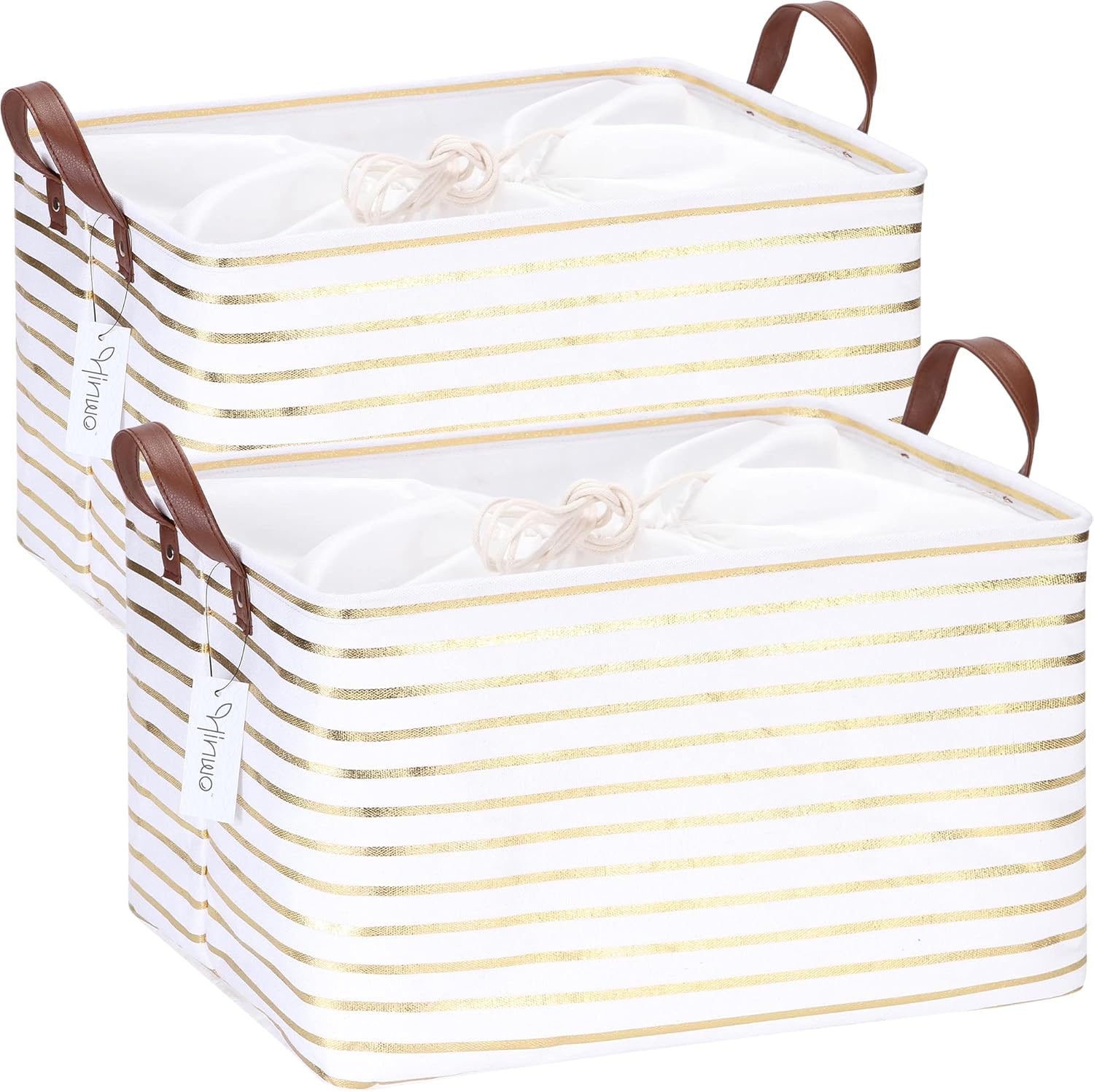 Hinwo 31L Large Storage Bins, 2-Pack Closet Organizers and Storage, Foldable Clothes Storage Baskets with Handles, Containers for Clothing, Blanket, Towels, Toys, Bedding (Gold Stripe) 16.5" / 31L / 2-Pack Gold Stripe