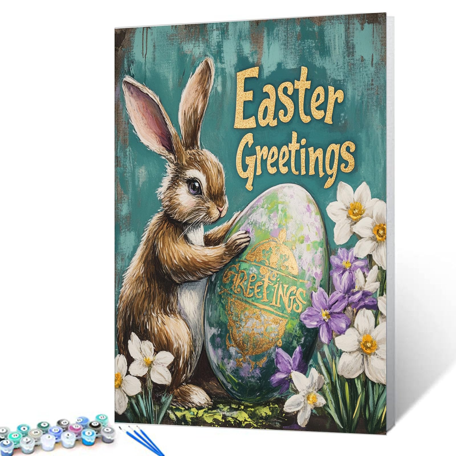 Aihonmin Easter Paint by Numbers Kit for Adults Beginners Brown Bunny and Flowers DIY Oil Painting Kits Acrylic Pigment Easy Paint Wall Hanging Home Room Bedroom Decor 16x20 Inch (DIY Frame)