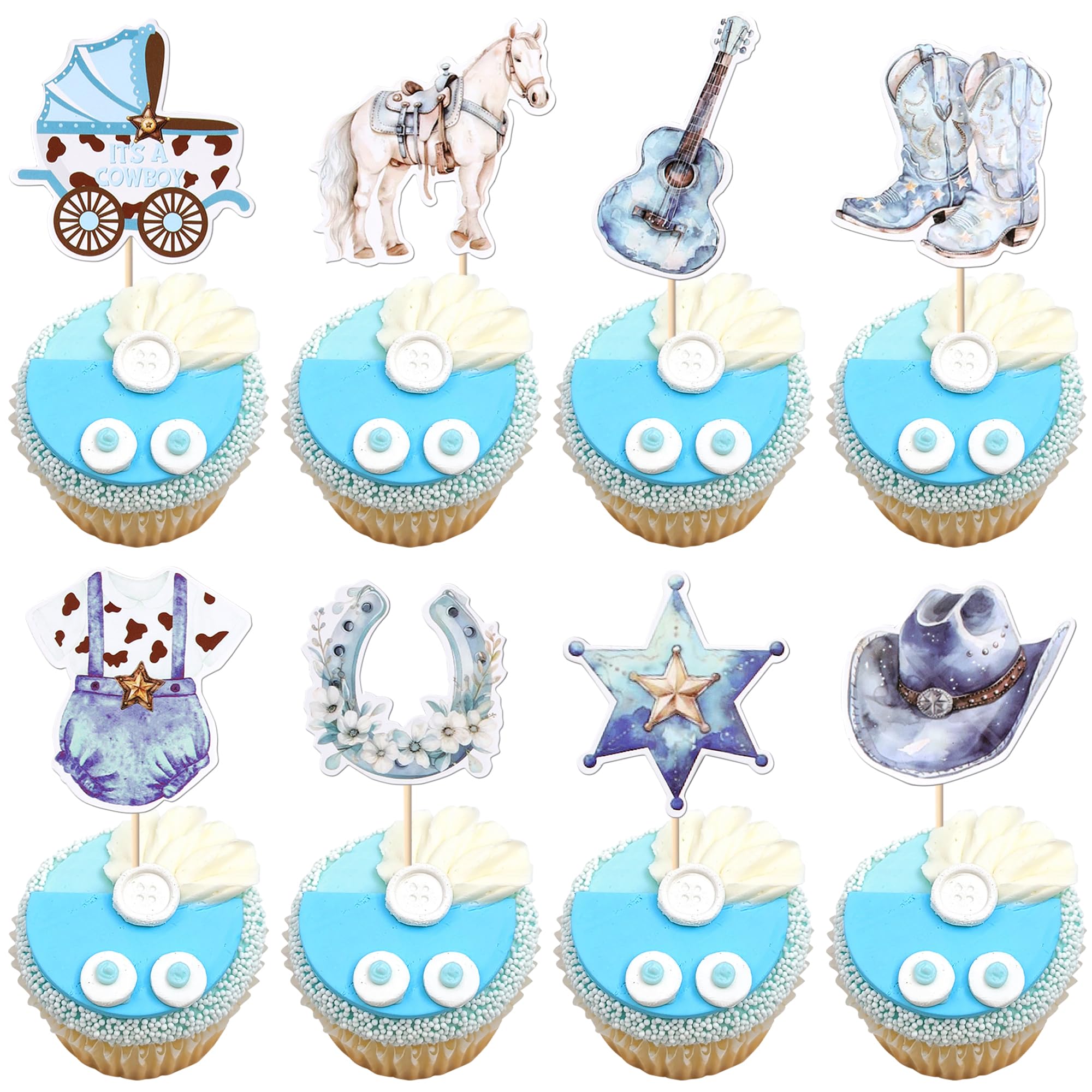Xsstarmi 40 Pack It's A Cowboy Cupcake Toppers Cowboy Baby Shower Decorations HorseShoe Cowboy Hats Cupcake Picks for Western Theme Birthday Cake Decorations Blue