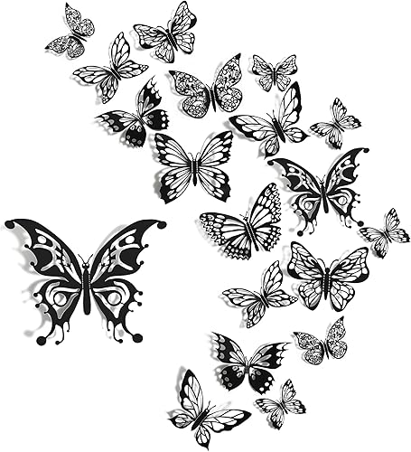 48 decoraciones de mariposa negra, 3 tamaños, 4 estilos, decoración de pared de mariposa 3D, decoraciones de fiesta de mariposa, decoraciones de