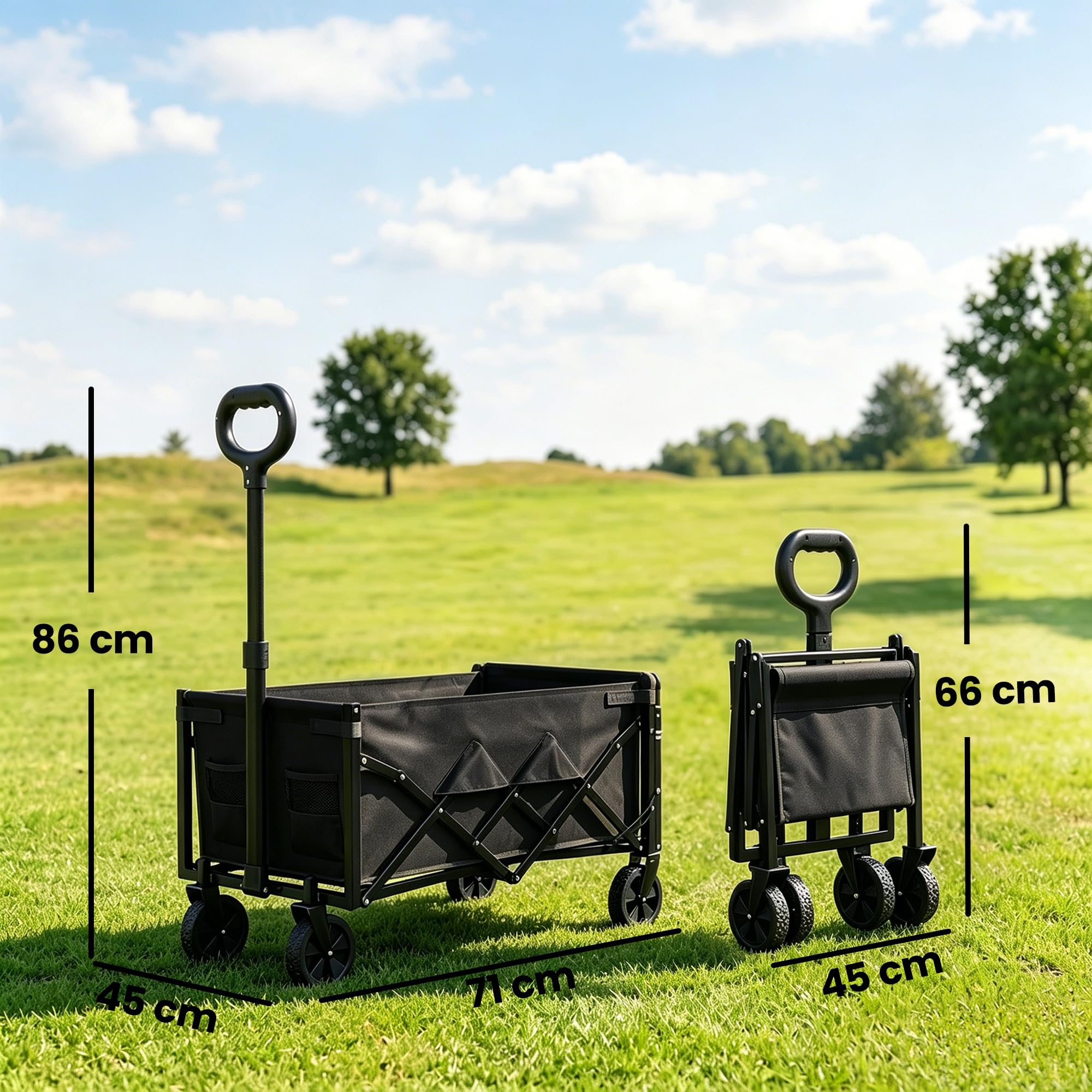 Outsunny Chariot de Transport Pliable, 60L, Charge 150 kg, Porte Arrière Rabattable, Roues Amovibles, Poignée Réglable, Porte-Gobelets, Chariot de Jardin Tout Terrain pour Plage Camping, Noir