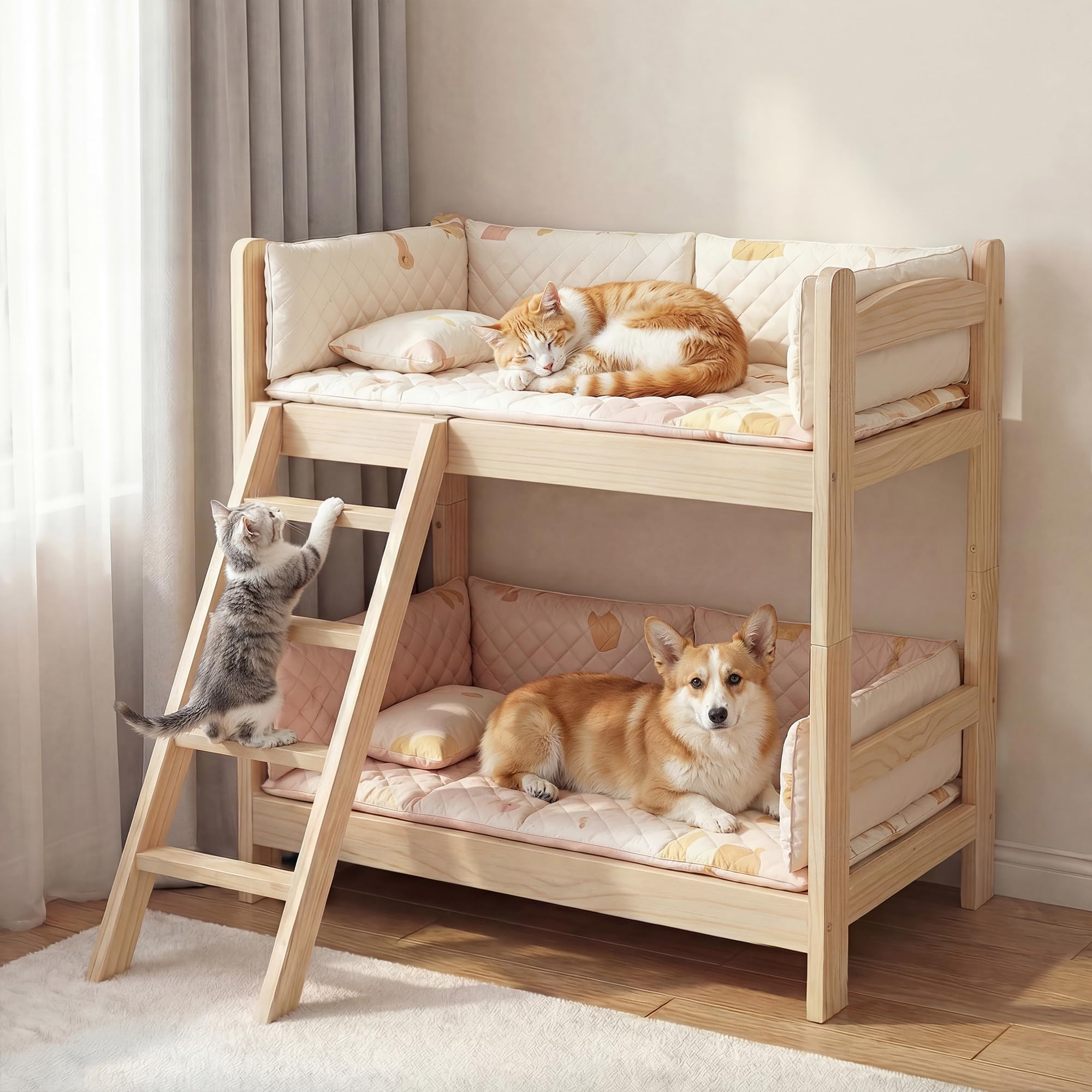 Caldion Haustierbett 2 Etagen 60x45x70 cm stabiles Katzen- und Hundebett mit Leiter belastbar bis 30 kg Haustiersofa für 2 Tiere mit Platz für Katzenklo unten für Wohnzimmer Schlafzimmer