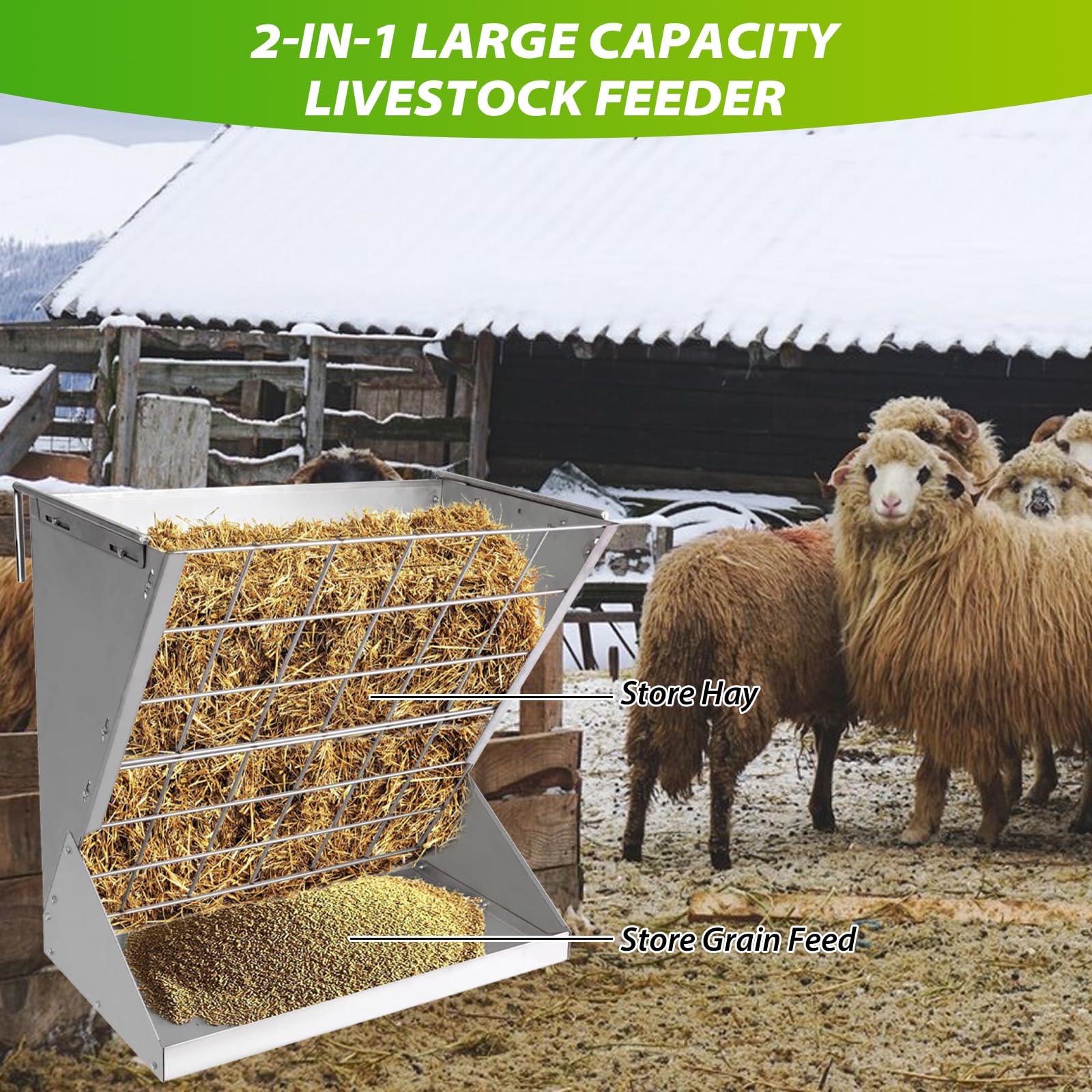 Grande Mangiatoia per Cavalli, 2 in 1 Mangiatoia per Capre Sospese, Rastrelliera per Fieno Sospesa per Capre con Griglia Salva-mangime e Ganci Regolabili per Fieno Capre Pecore Cavalli
