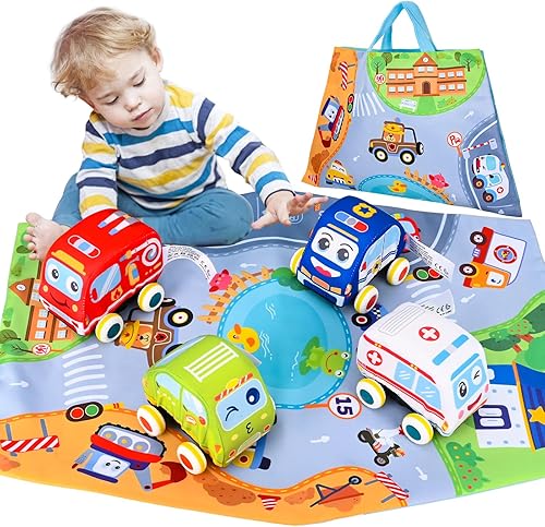 Hiitytin Autos de tracción para niños pequeños de 1 a 3 años, 4 piezas de juguetes de felpa suave con tapete de juego, bolsa de almacenamiento,