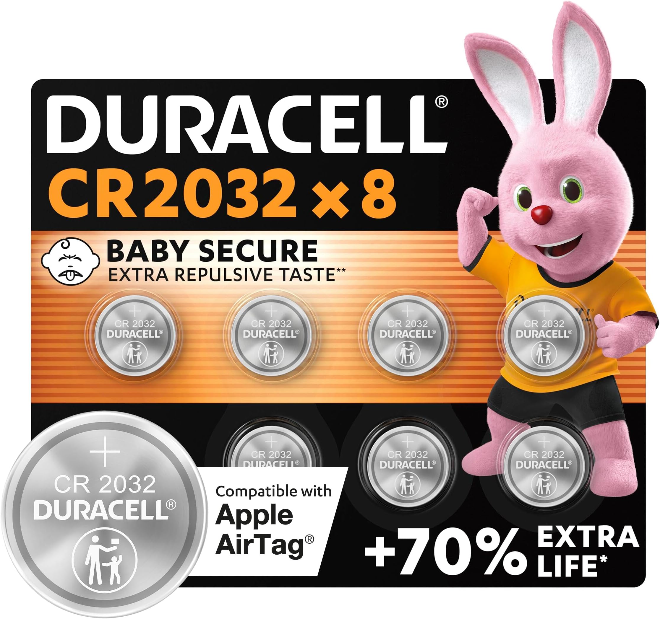 CR2032 Lithium Coin Batteries 3V (8 Pack) - Up to 70% Extra Life - Baby Secure Technology & Packaging – For Apple AirTags, Key Fobs, Home Devices, Fitness and Medical Accessories