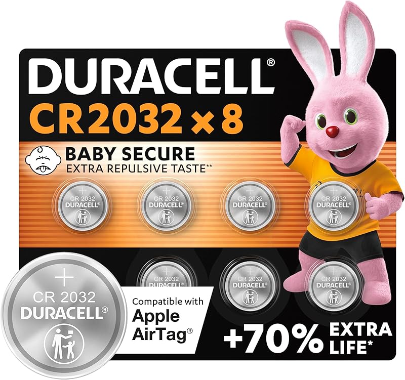 DURACELL CR2032 Piles Boutons au lithium 3V (lot de 8) - Jusqu’à +70 % de longévité - Technologie Sécurité Enfant - Recommandées pour l’AirTag d’Apple - Clés, appareils maison, sport et médicaux