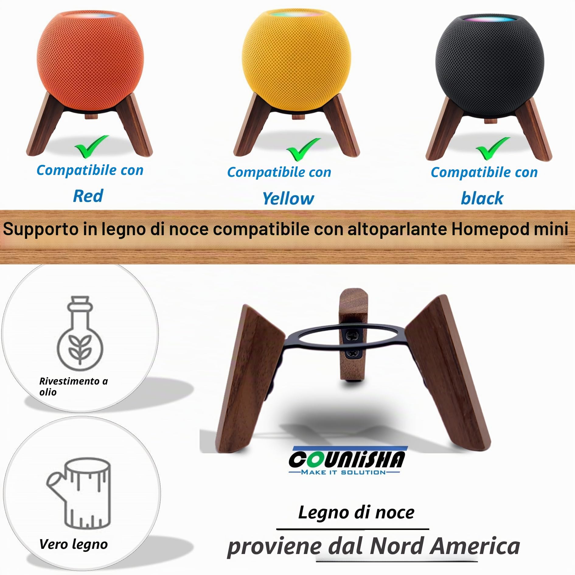 Supporto in vero legno per Homepod Mini (2020 rilasciato), treppiede in legno con telaio in metallo, supporto stabile sicuro con cuscinetto in silicone antiscivolo protegge bene il mini altoparlante