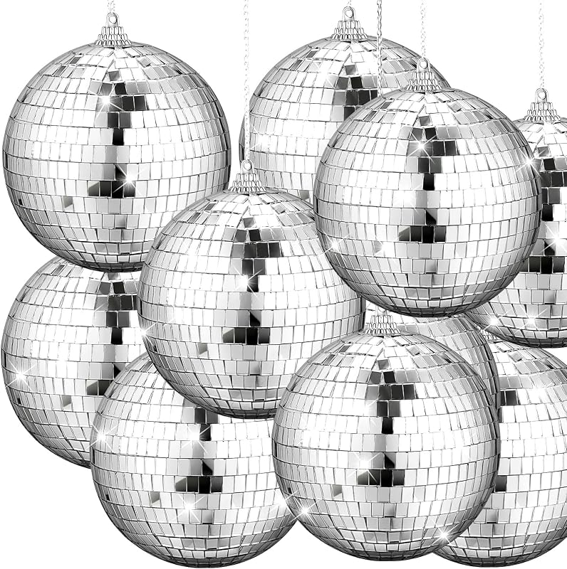 Yookeer 12 Pcs 4 Inch Mirror Disco Ball Silver Hanging Ornament 50s 60s 70s | Small Reflective with Attached String for Ring DJ Stage Lighting Effect for School Festival Fun Party Decor