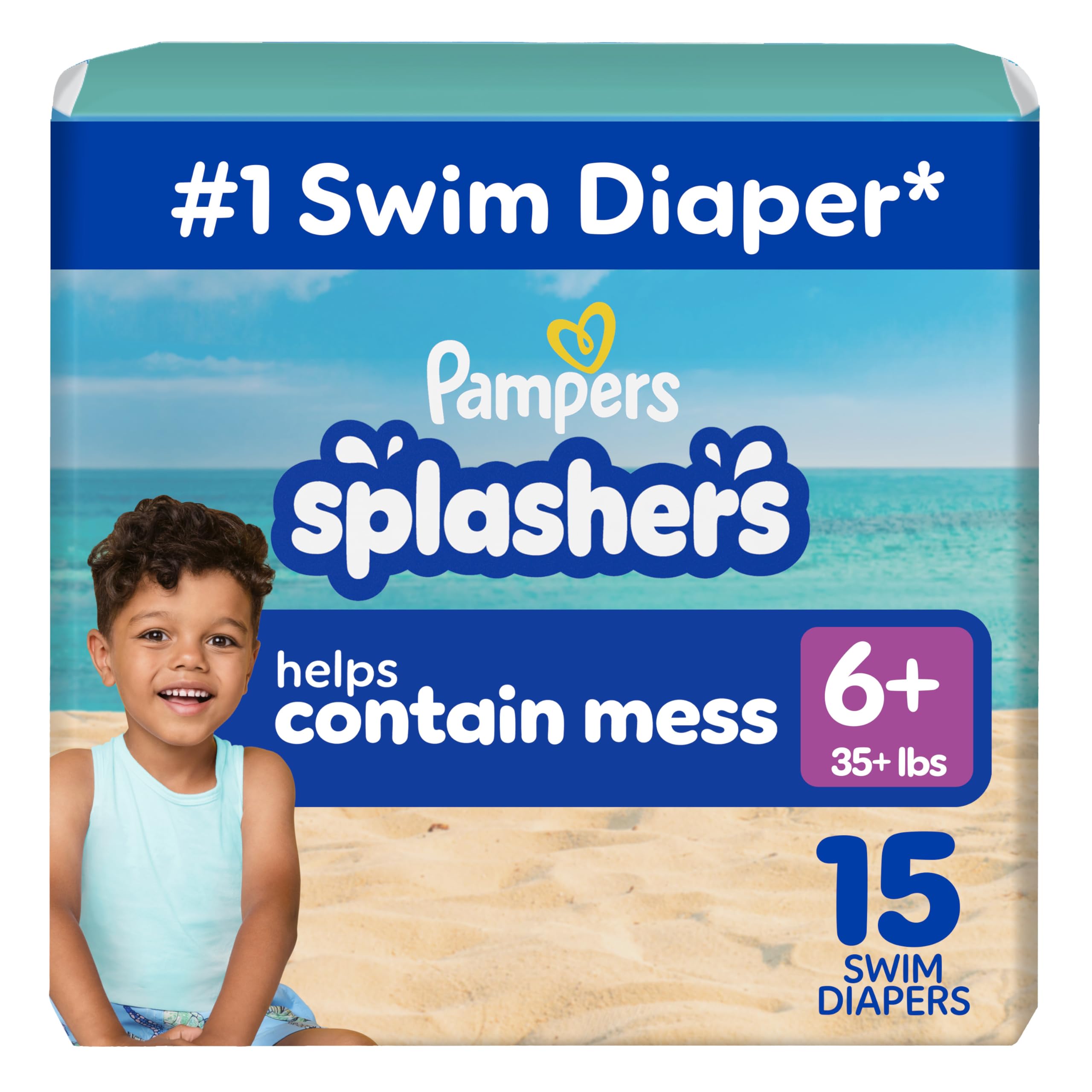 Photo 1 of Pampers Splashers Swim Diapers, Size 6+, 15 Count, Disposable Swim Diapers, Contains Mess, No Swell