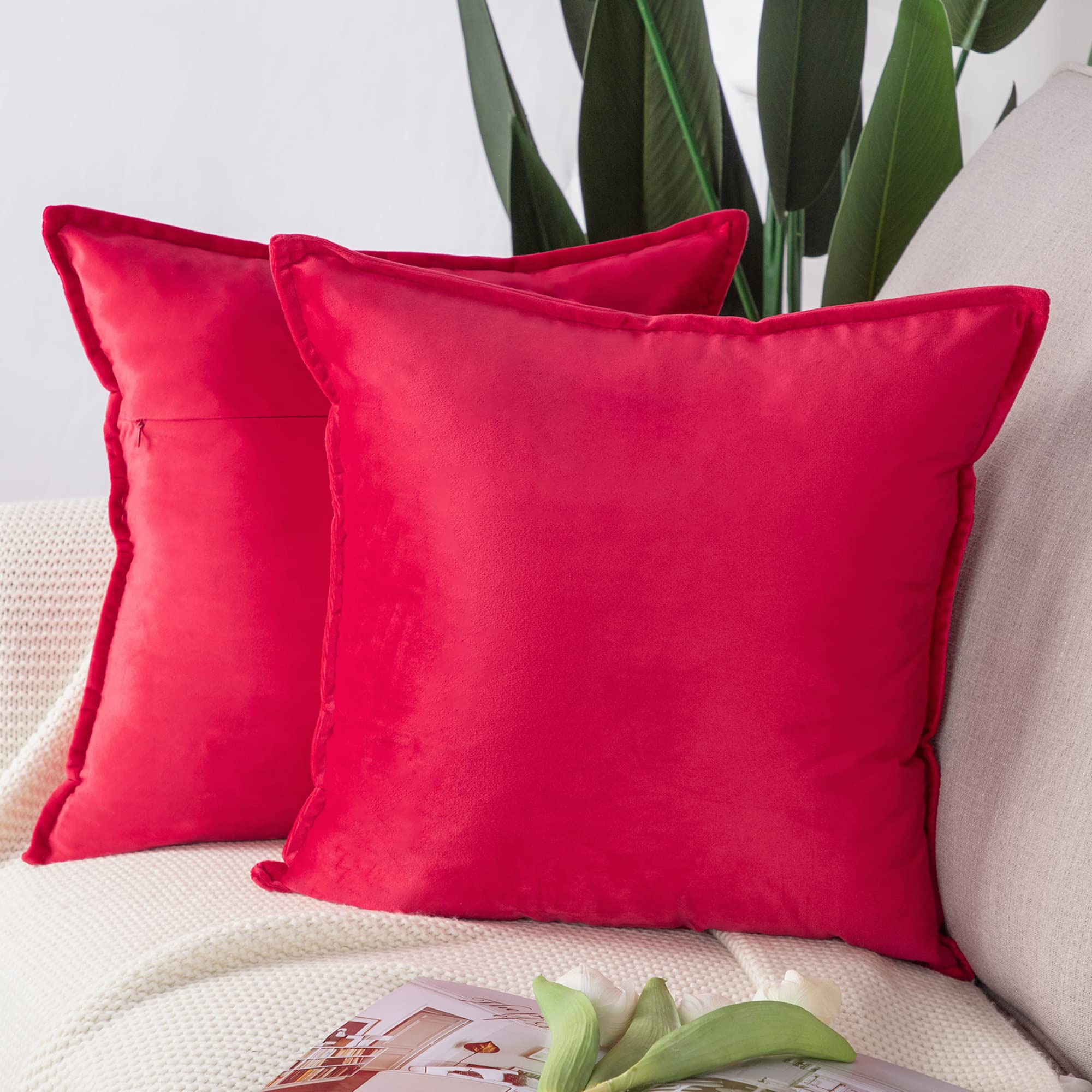 Madizz 2er Set Samt Dekorativ Zierkissenbezüge Luxus Stil Kissenbezug für Sofa für Schlafzimmer Rot 65x65 cm Quadrat