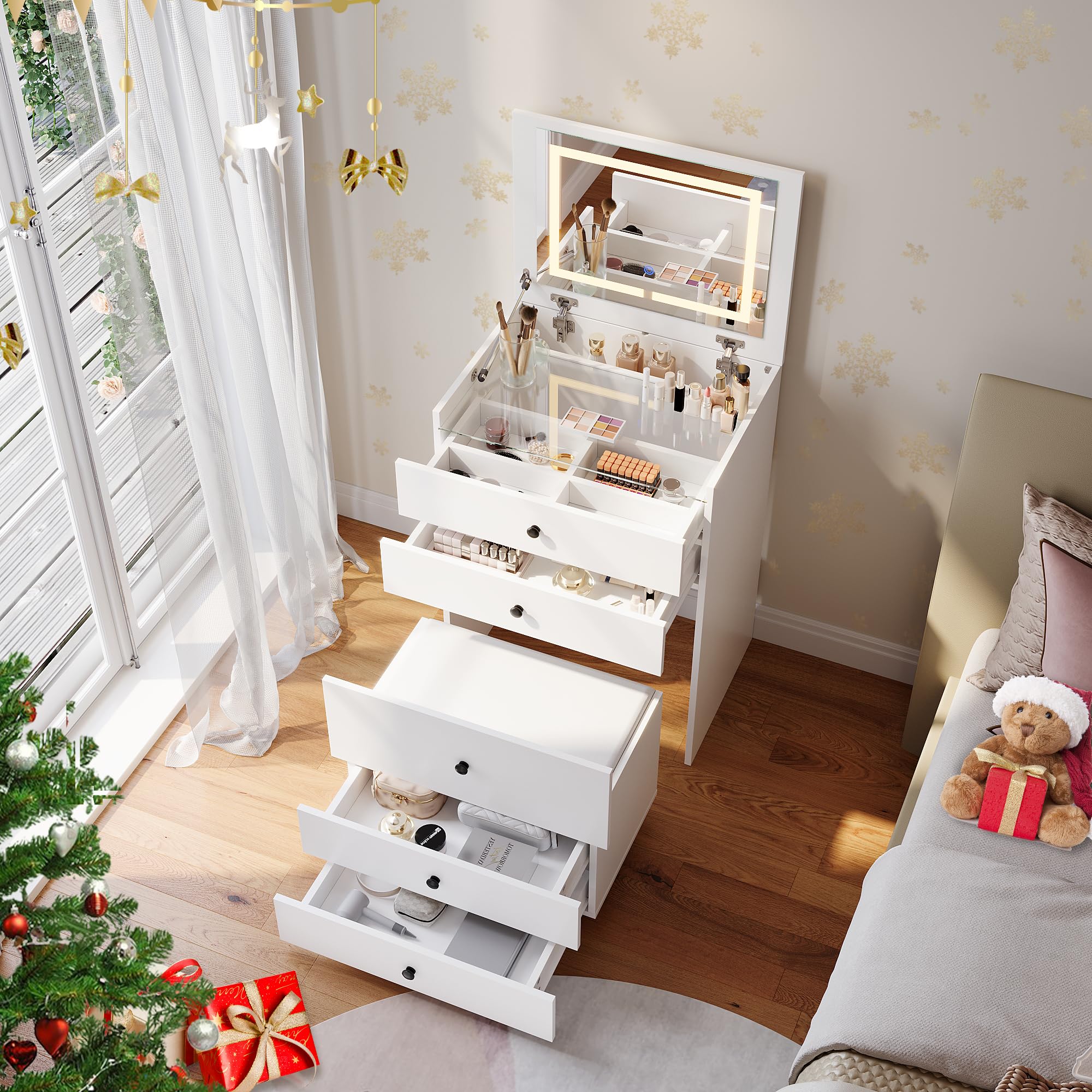 SONNI Toletta Con Luci E Cassetti Per Camera Da Letto, Armadio 2 In 1 Design, Bianca Con Sgabello E Specchio Pieghevole, 60x83x45cm