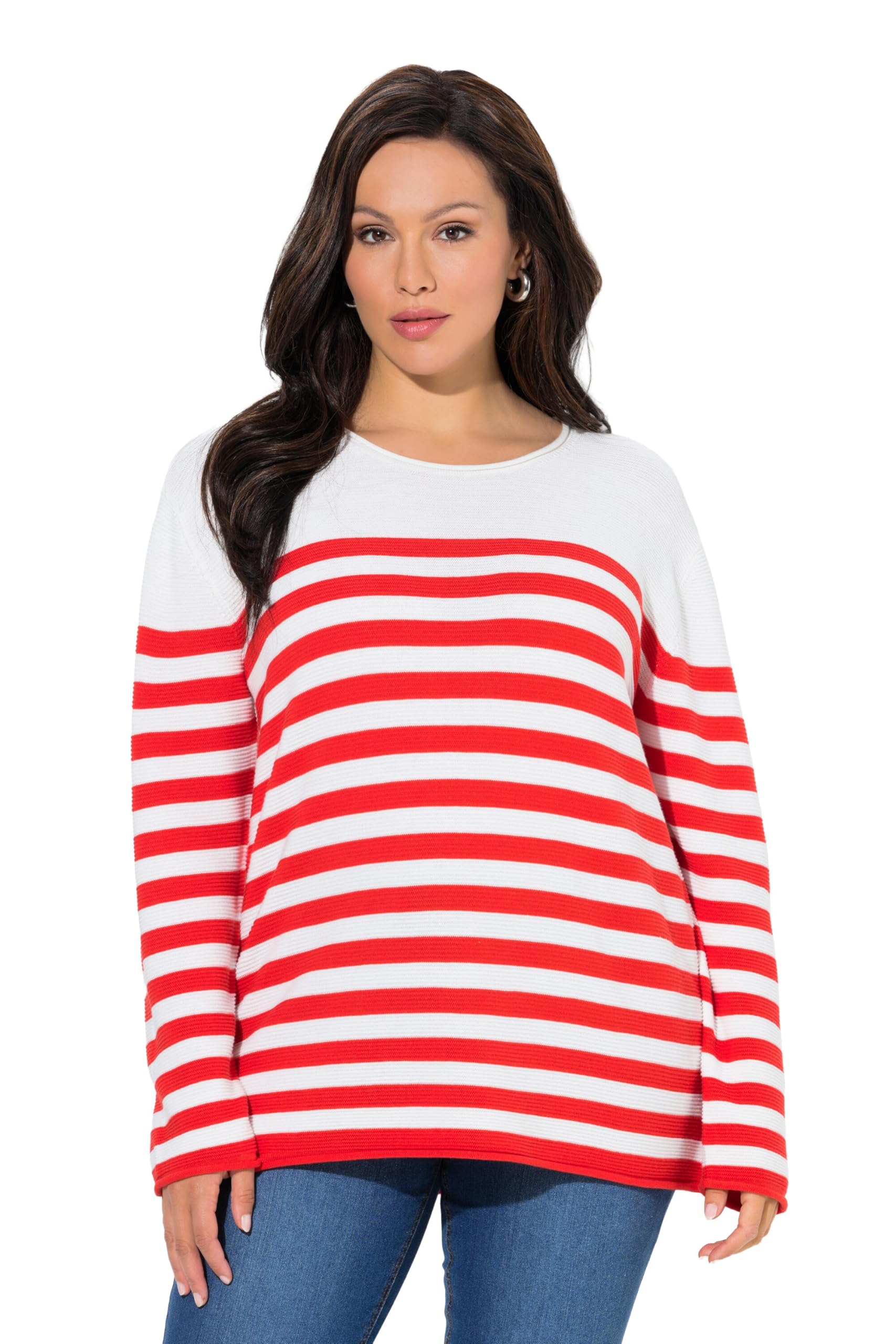 Ulla Popken Damen große Größen Übergrößen Plus Size Pullover, Bretonstreifen, Rundhals, Langarm, Rollkanten 845787