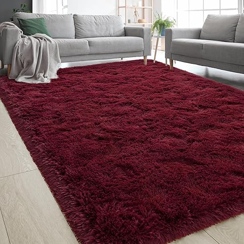 Miniatura 2 de Alfombras de área de color rojo burdeos para dormitorio, sala de estar, alfombras peludas de interior de 4 x 6 pies, alfombra suave de felpa para