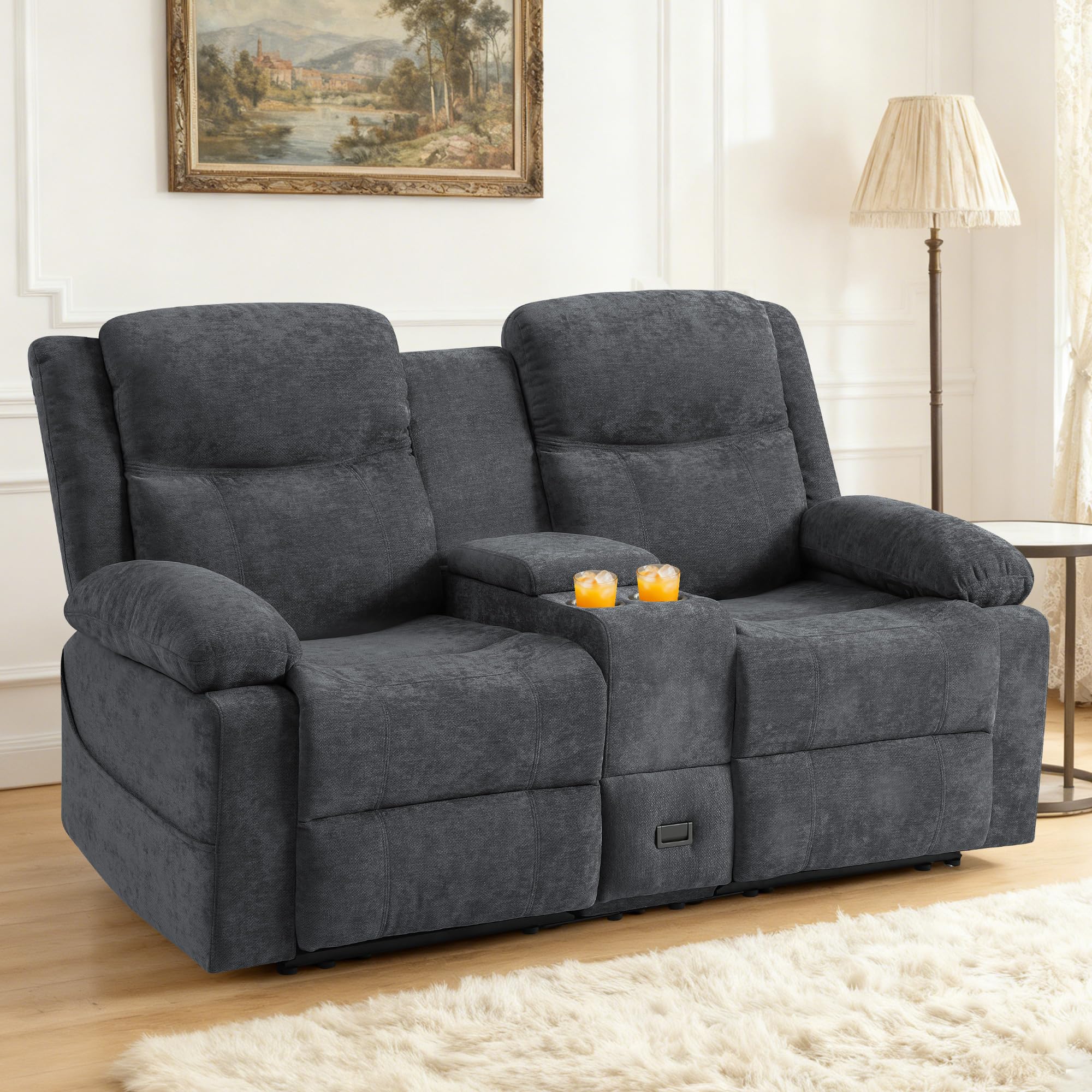 2er Kinosessel Relaxsessel mit Liegefunktion, 2 Sitzer Fernsehsessel TV Sessel mit Konsole, Steckdose und Schublade, zweisitzer Sofa mit Chenille-Optik für Wohnzimmer (Grau, 175 cm Zweisitzer)