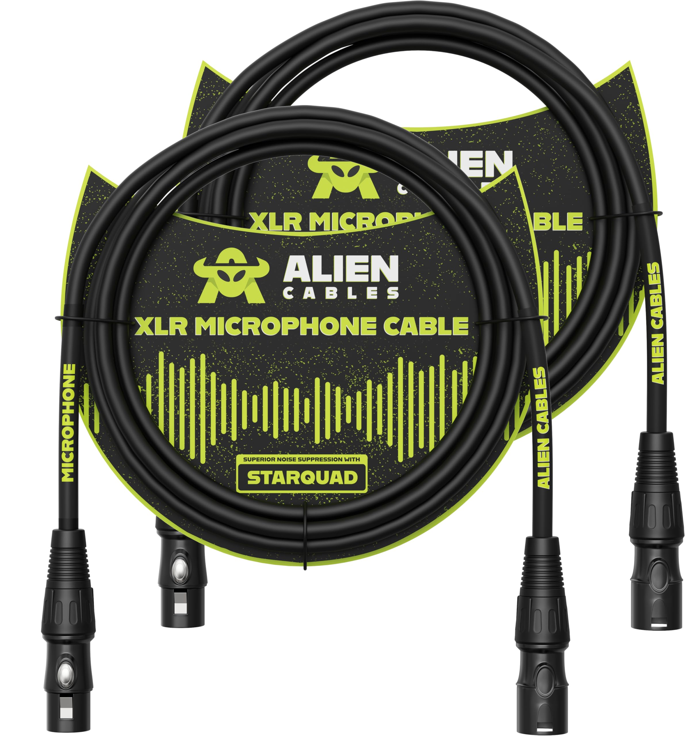 Alien Cables 2-Pack Premium XLR Microphone Cables, Star-Quad Shielded XLR to XLR Cable 6 Foot, Pro Audio Mic Cord, Noise-Resistant OFC Conductors, Black