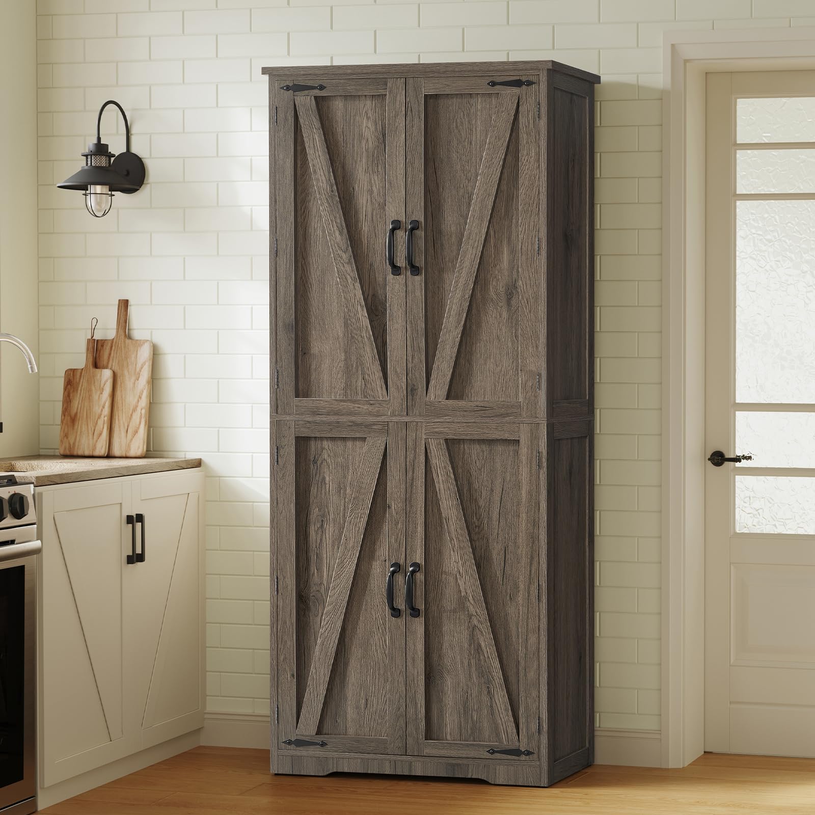 TEENFON Tall Storage Cabinet, Kitchen Pantry Cabinet with 4 Shelves, Adjustable Shelves, Pantry Cabinets with 4 Barn Doors, Tall Kitchen Cabinets for Dining Room, Living Room, Dark Walnut
