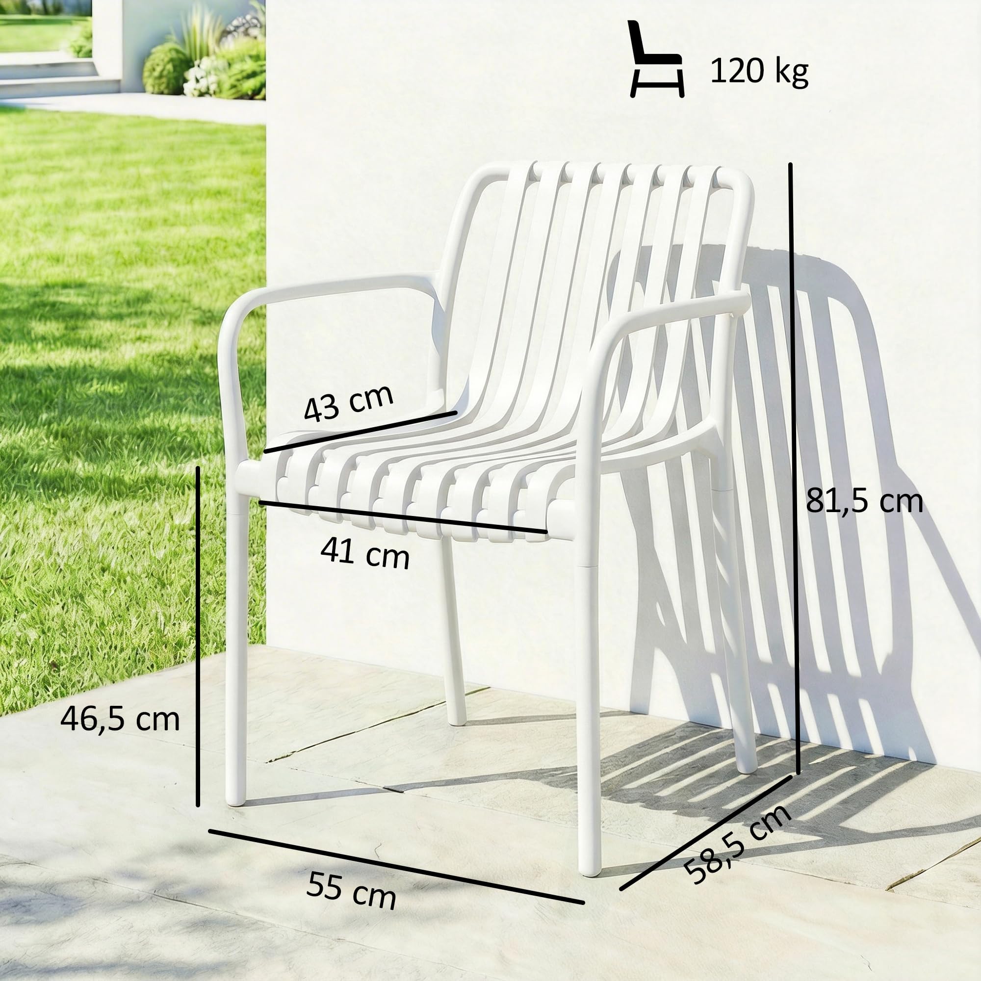 Outsunny Juego de 4 Sillas de Jardín Exterior Apilables, Sillas Terraza Exterior de PP con Respaldo Curvado, Asiento de Listones, Reposabrazos, 55x58,5x81,5 cm, Blanco