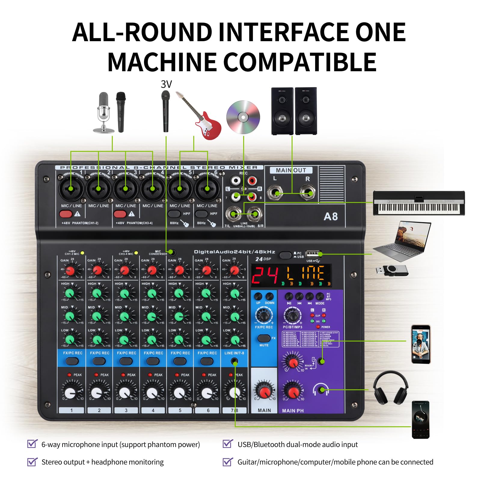XTUGA A8 Audio-Mischpult, 8 Kanäle, mit USB-Mischpult, Bluetooth-Audio-Mixer und 48 V Phantomspeisung, Rückschleifenfunktion, ideal für Shows und Meetings