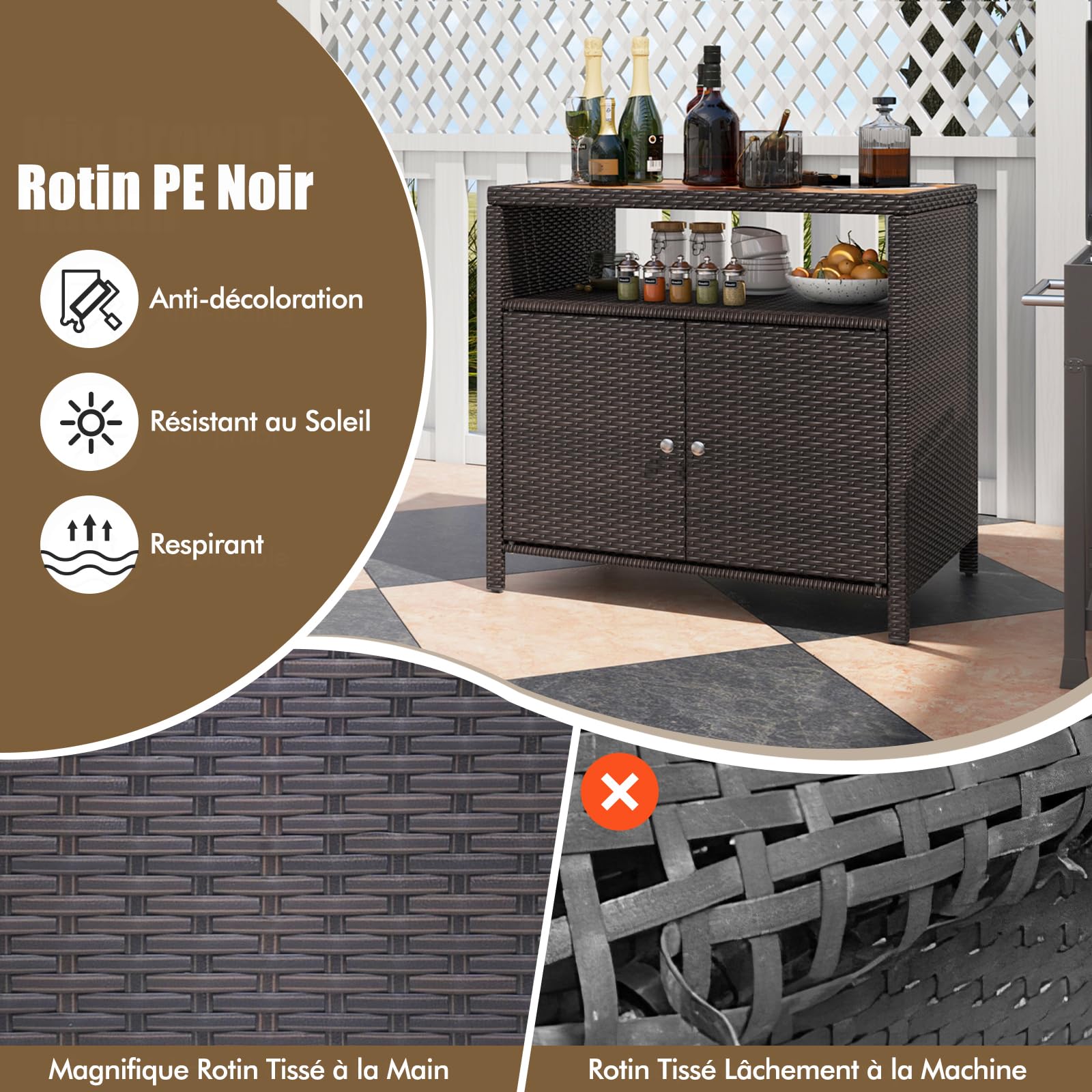 GYMAX Armoire Buffet Extérieur en Rotin, Meuble Rangement Étanche, Grand Plateau 90x53cm en Bois d'Acacia, pour Balcon Barbecue Cuisine Jardin (Brun)
