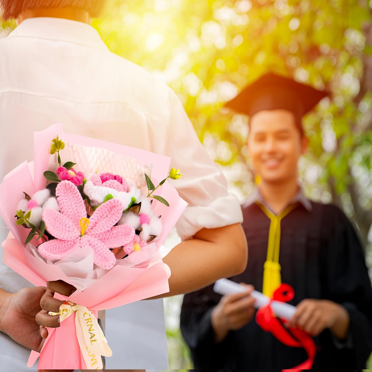 Crochet Rose Flower Bouquet: Handmade Rose Artificial Flowers for Festival Wedding Graduation Anniversary Valentines Day Birthday Home Decor (Pink Opening Tulips) - Image 5
