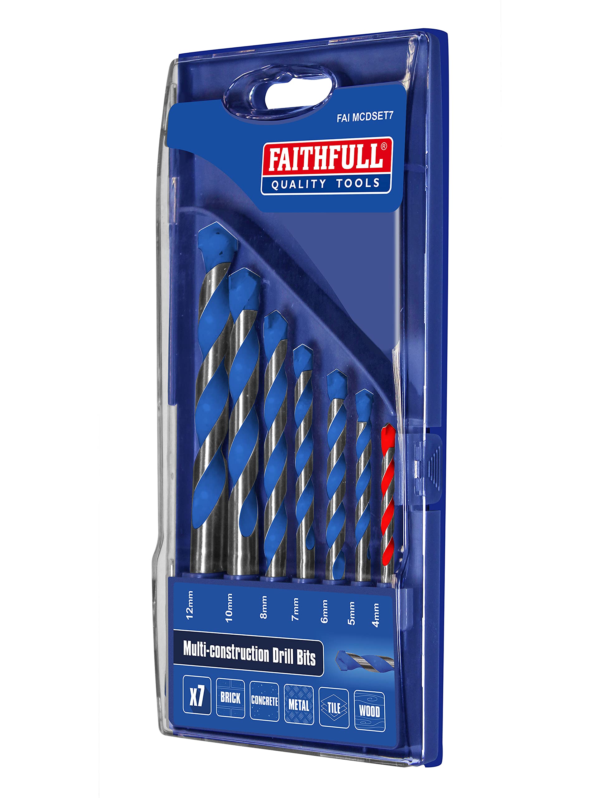 Faithfull Faimcd10120 Tungsten Carbide Tipped Contruction Drill Bits 7 Piece Set 4 - 12Mm. For Brick, Tile, Concrete, Metal, Alum, Wood And Plastic