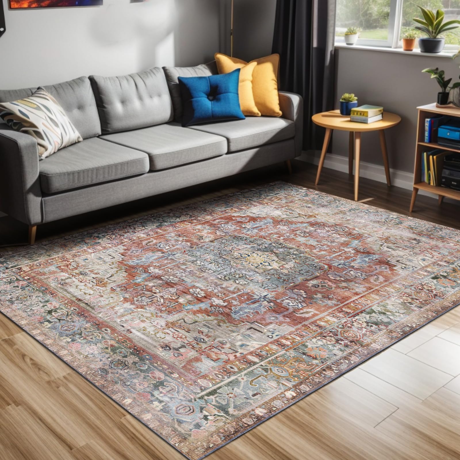 bamyum Tolas Tapis Imprimé Chenille Fabriqué à la Machine 160 x 230 cm, Tapis Lavable Salon, Multicolor Tapis Vintage Chambre, Antibactérien Antidérapant Tapis de Cuisine