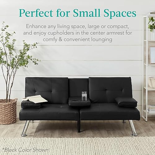 Miniatura 14 de Futón sofá cama para entretenimiento Best Choice Products, moderno, se dobla y reclina, muebles, con posavasos Negro -,Azul,Borgoña,amarillo