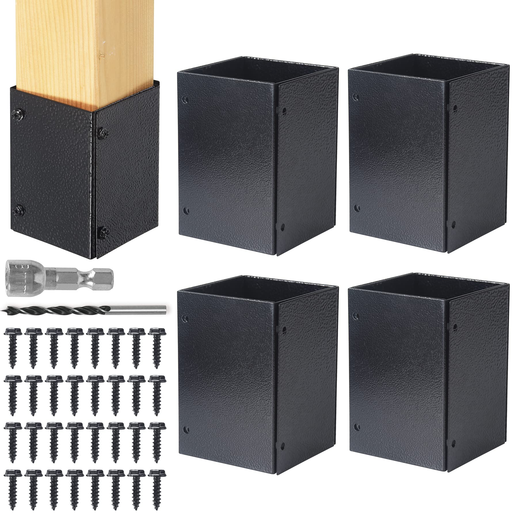 Stainless Steel Adjustable (Range 3.3"-6") Post Protector, Protects Wooden Mailboxes and Fences from Lawnmower and rain Damage (Black, 4 Set)