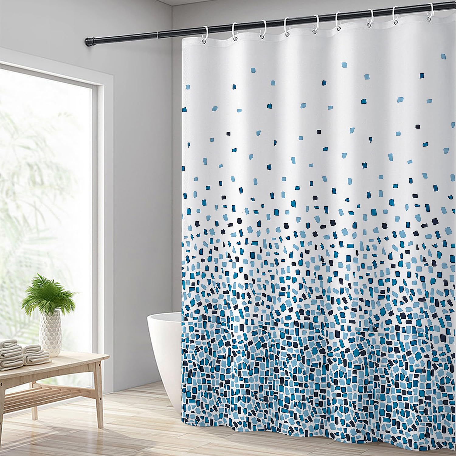 Hoomtaook Cortina de Ducha 180x200cm, Cortina Ducha Impermeable Poliéster Lavable con 12 x Ganchos, Cortina Baño con Dobladillo Ponderado, Azul Mosaico