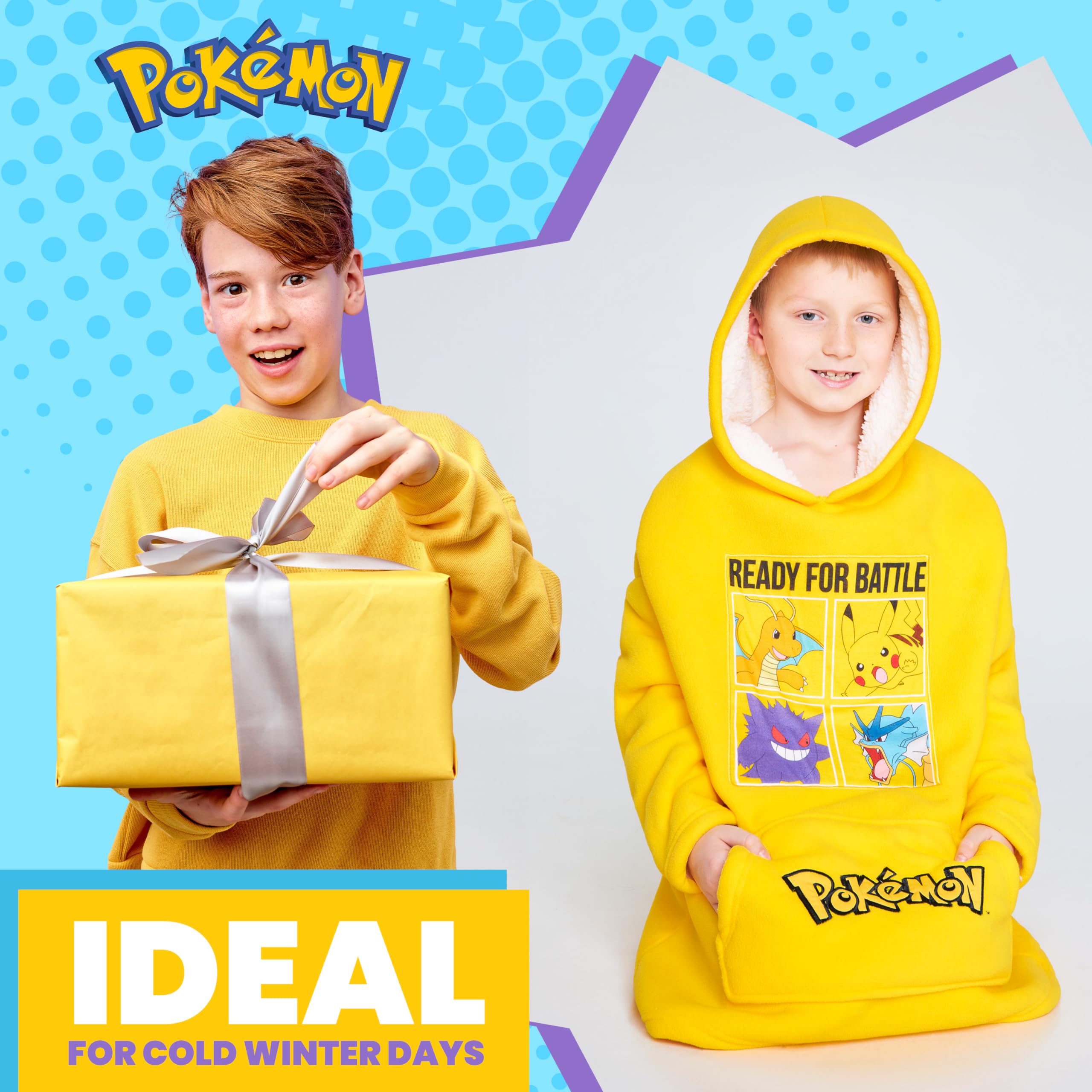 Pokemon Fleece Hoodie Blanket for Kids and Teenagers - One Size Kids Oversized Hoodie with Sherpa Lining Gifts for Kids Yellow